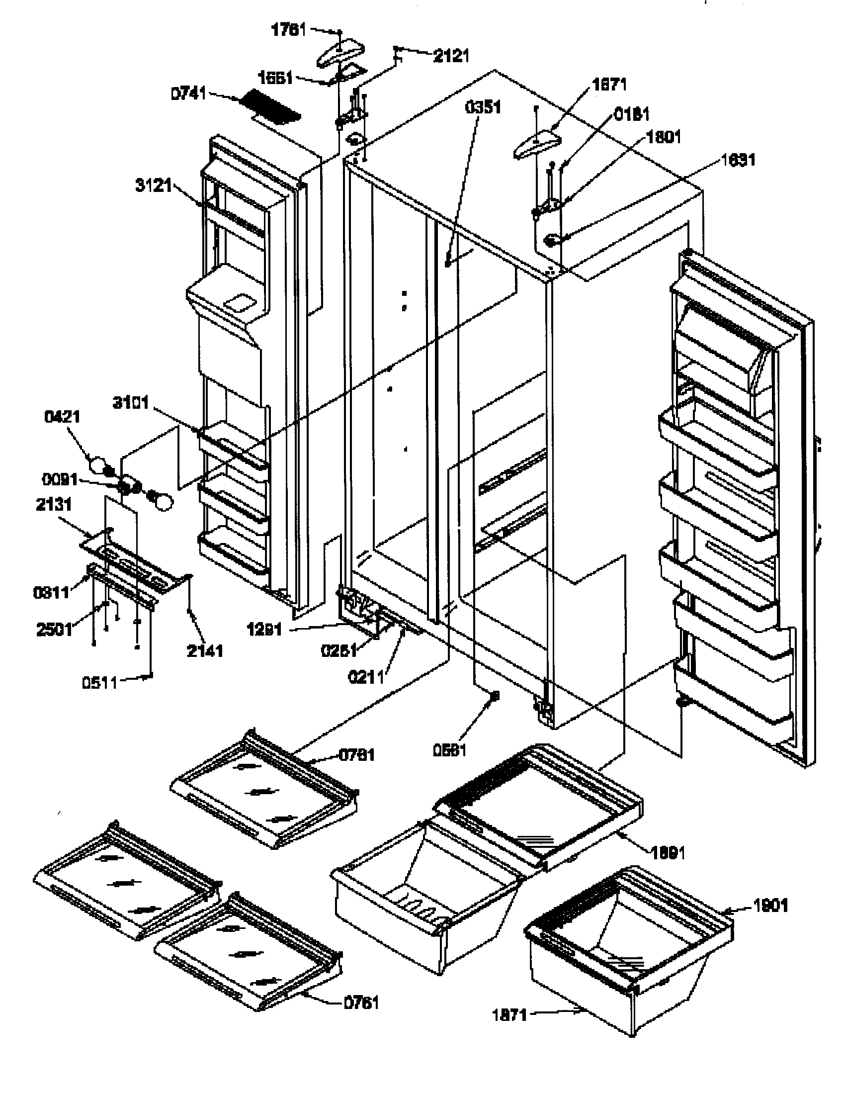 Amana SCD25TW-P1190426WW ref/frz shelves/lights/hinges diagram