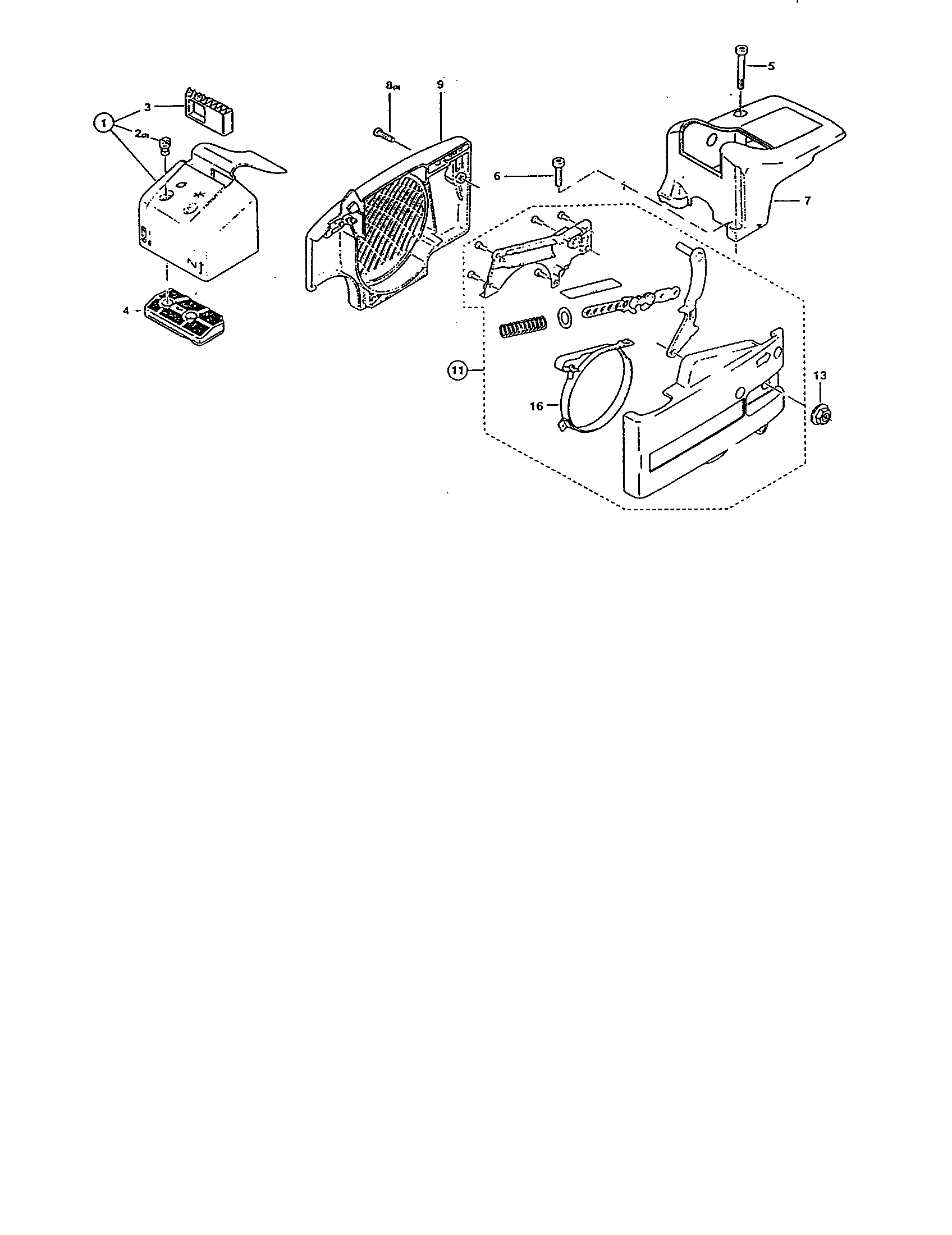 Makita DCS341 air filter/fan housing/sprocket diagram