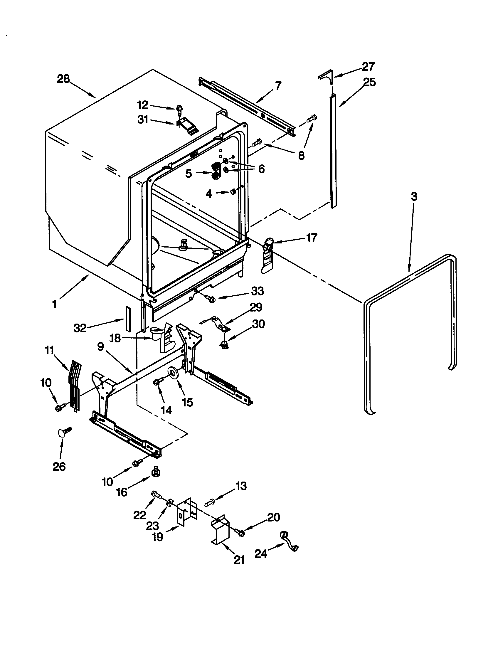 KitchenAid KUDY24SEWH5 tub and frame diagram