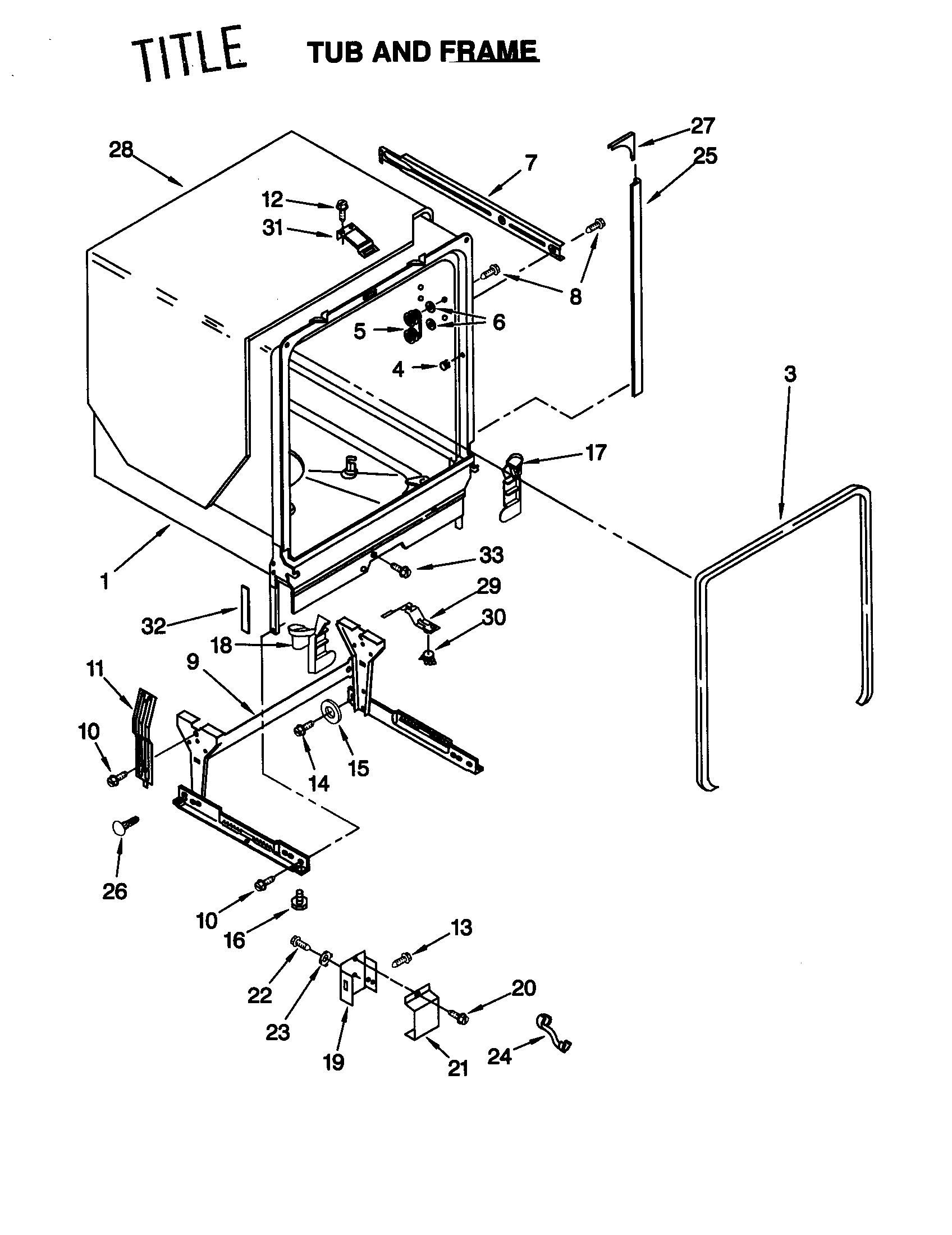 KitchenAid KUDR24SEWH5 tub and frame diagram
