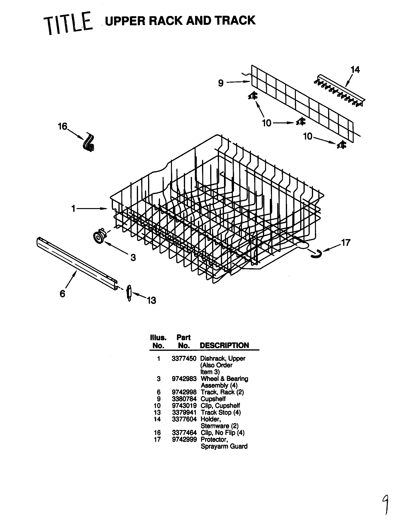 KitchenAid KUDR24SEWH5 upper rack and track diagram