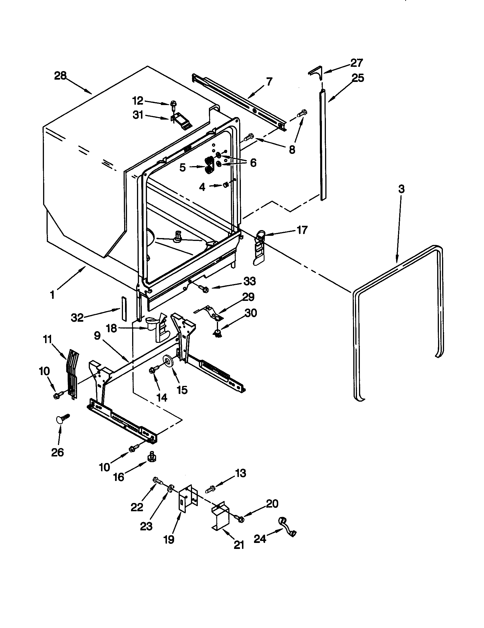 KitchenAid KUDI24SEBL5 tub and frame diagram
