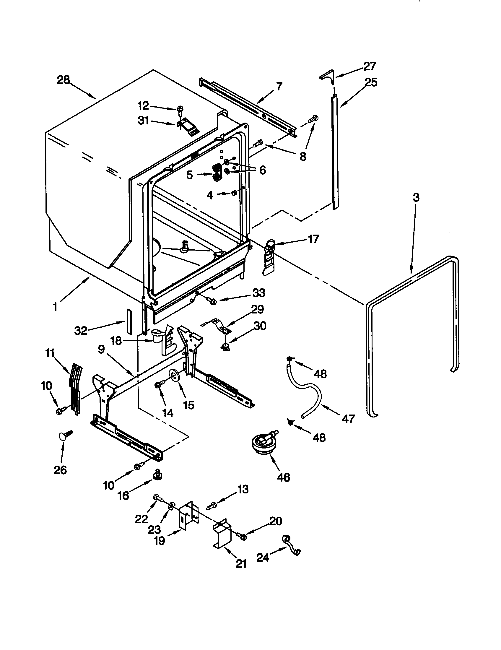 KitchenAid KUDC25CHWH0 tub and frame diagram
