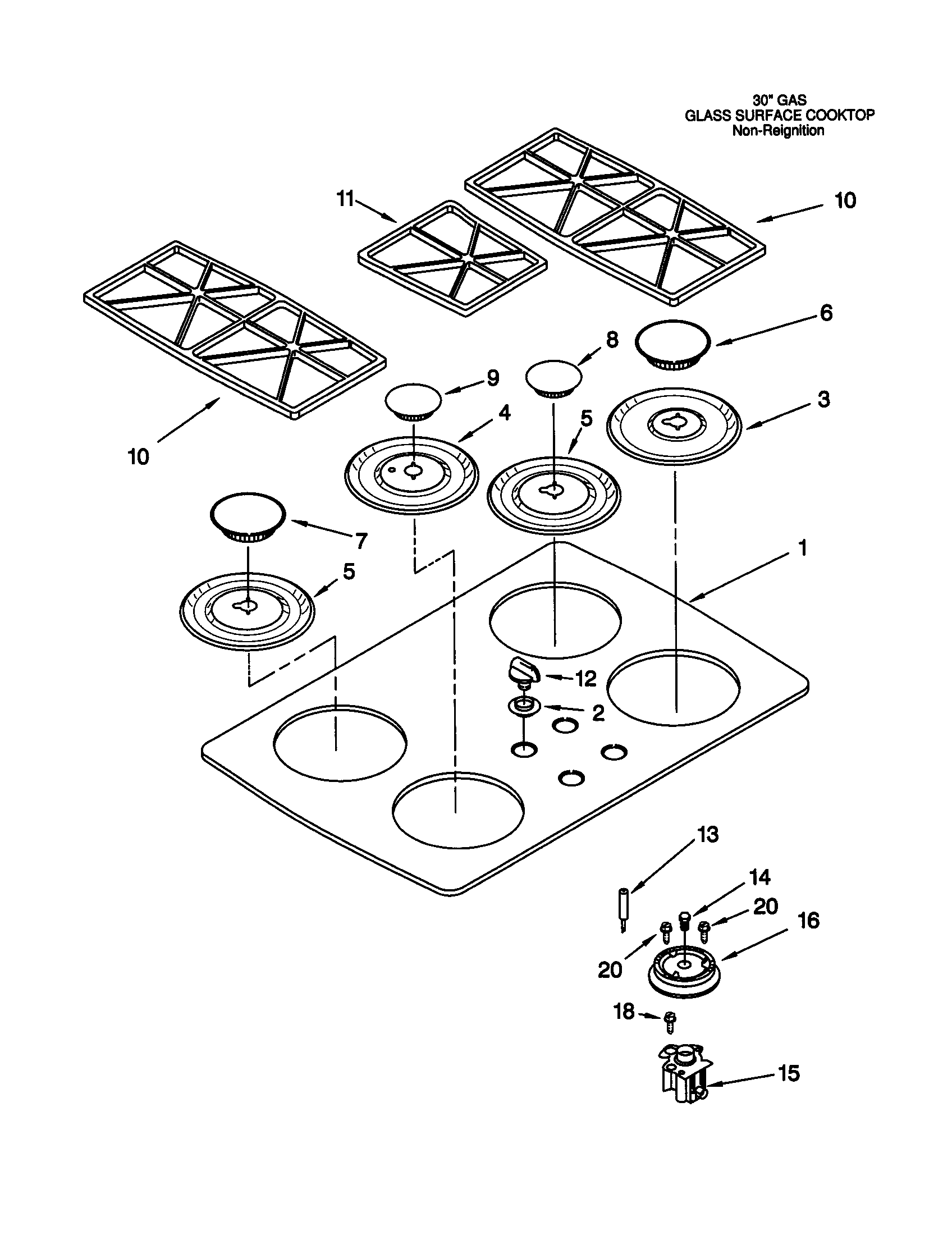 KitchenAid KGCT305GWH0 cooktop, burner and grate diagram