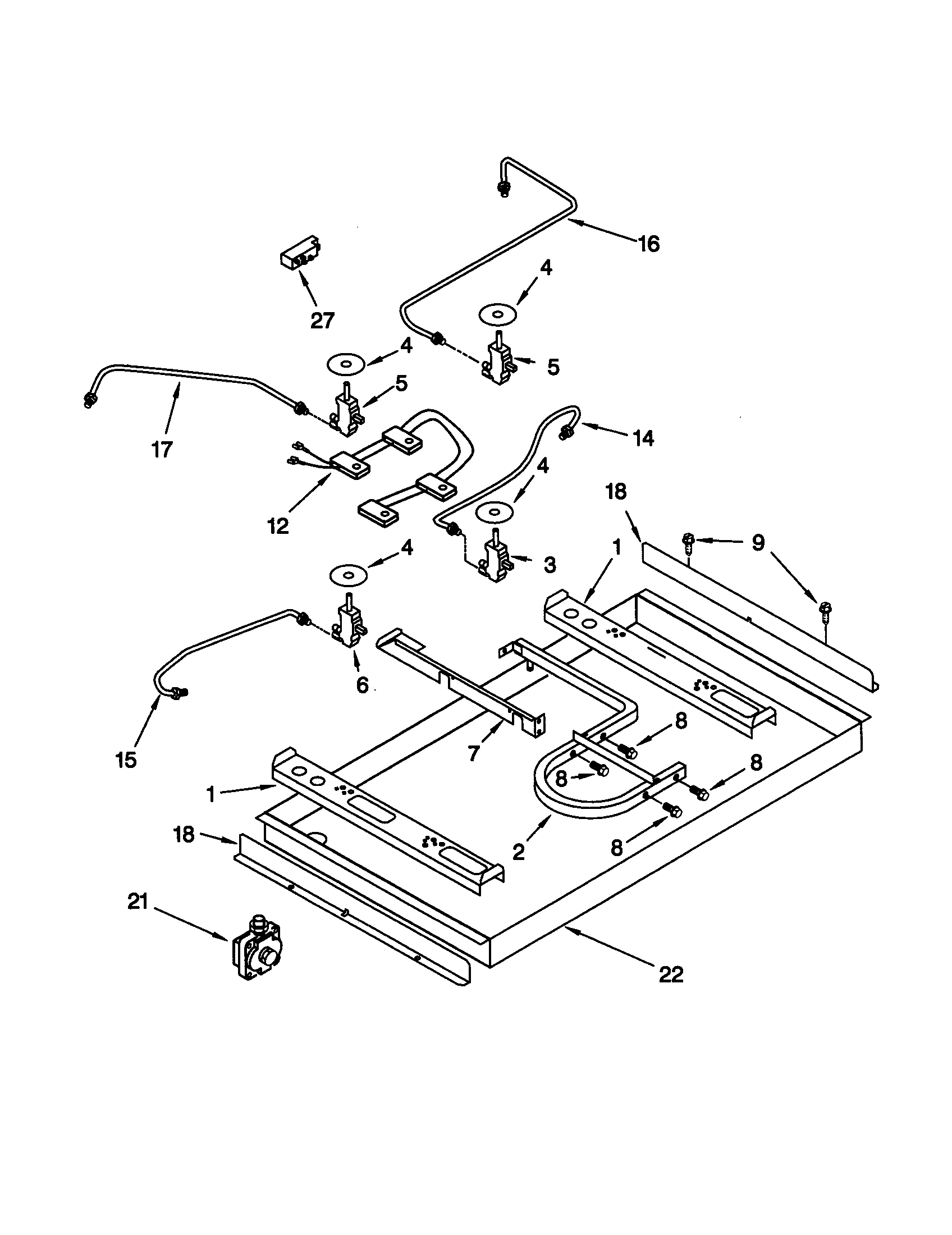 KitchenAid KGCT305GWH0 burner box/gas valves/switches diagram