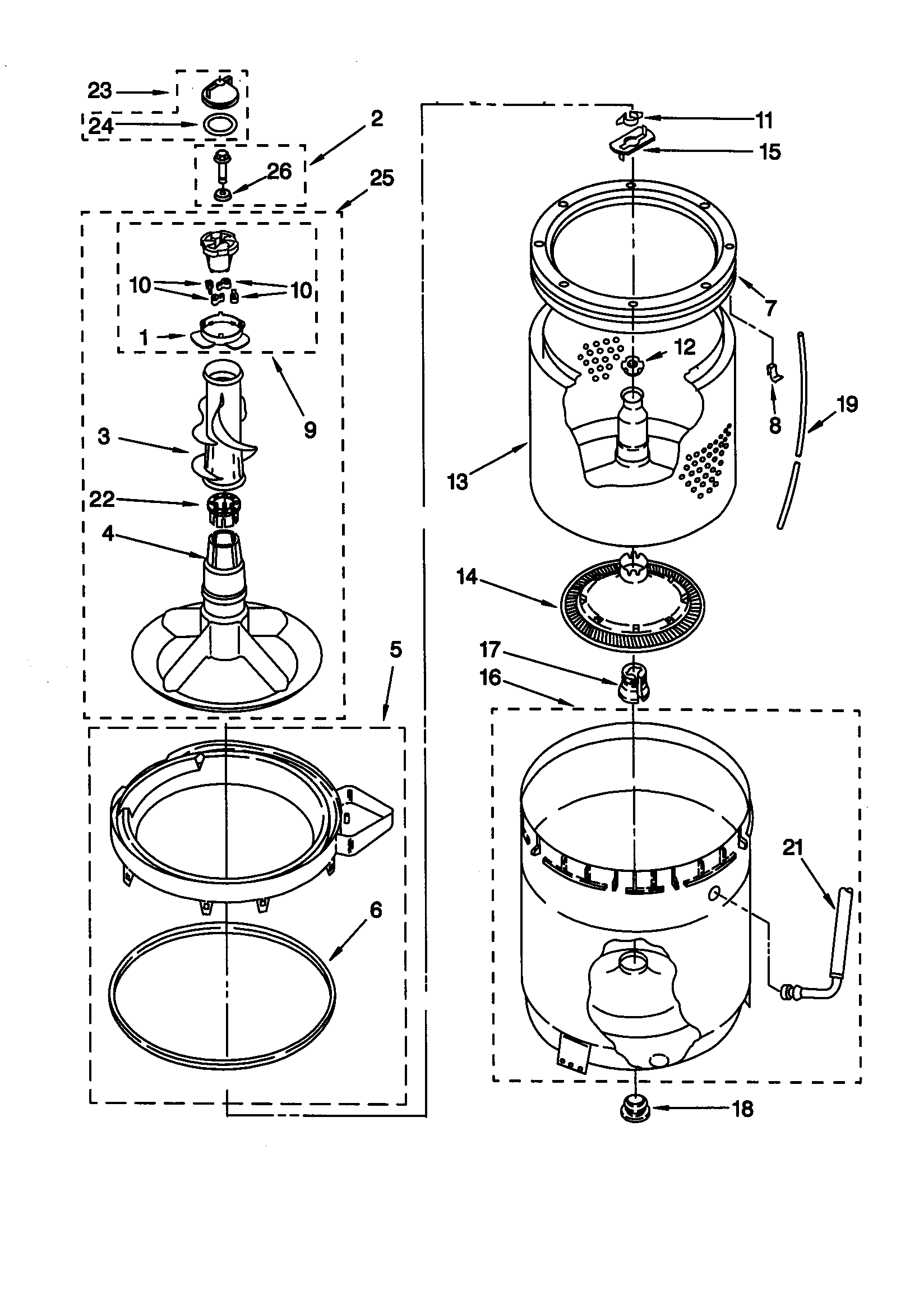Whirlpool LXR9200HQ0 agitator, basket and tub diagram