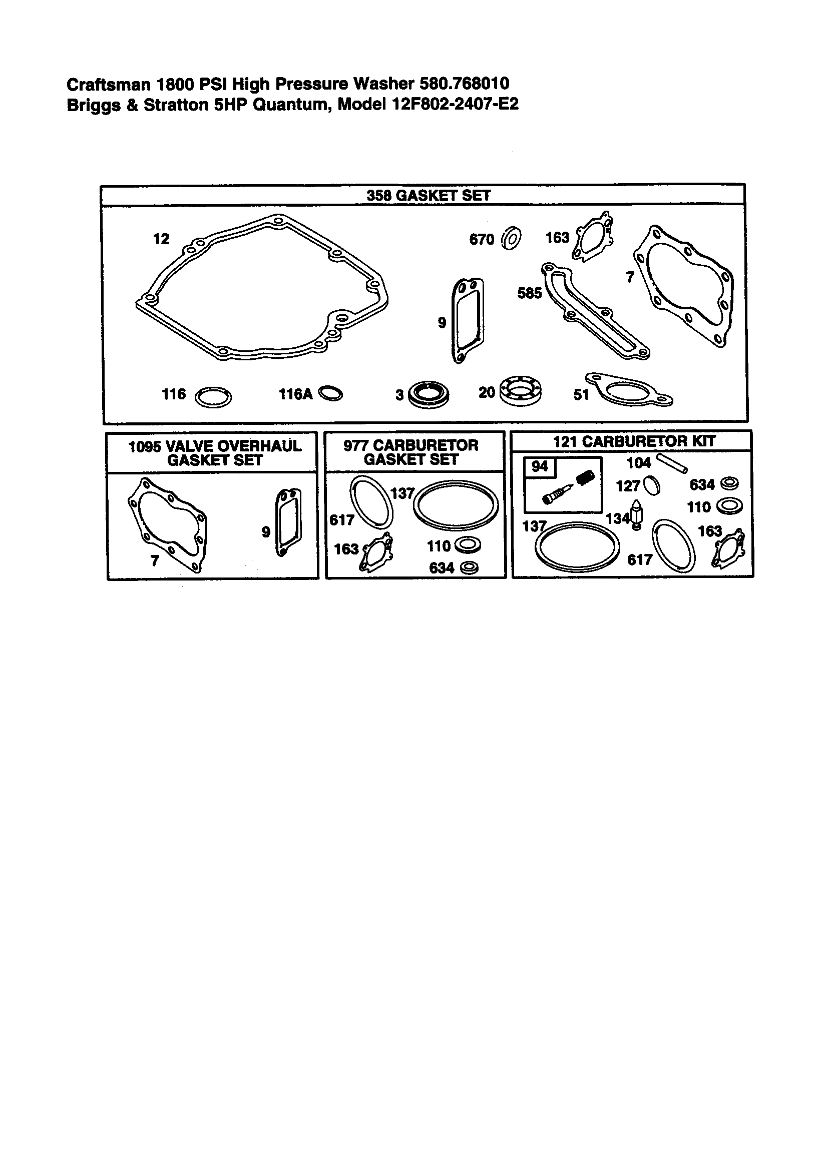 Craftsman 580768010 gasket sets diagram
