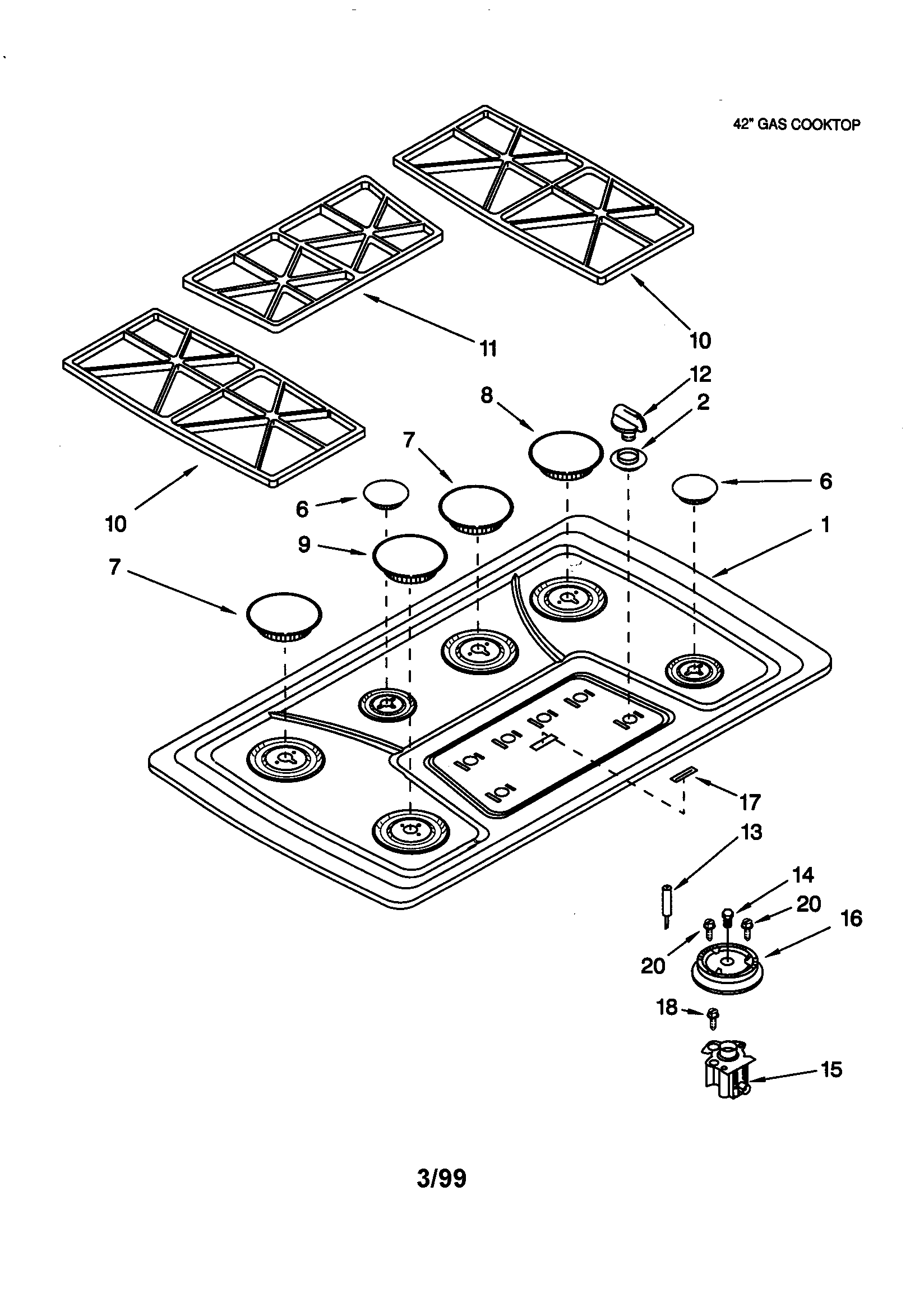 KitchenAid KGCS127GBL0 cooktop/burner/grate diagram