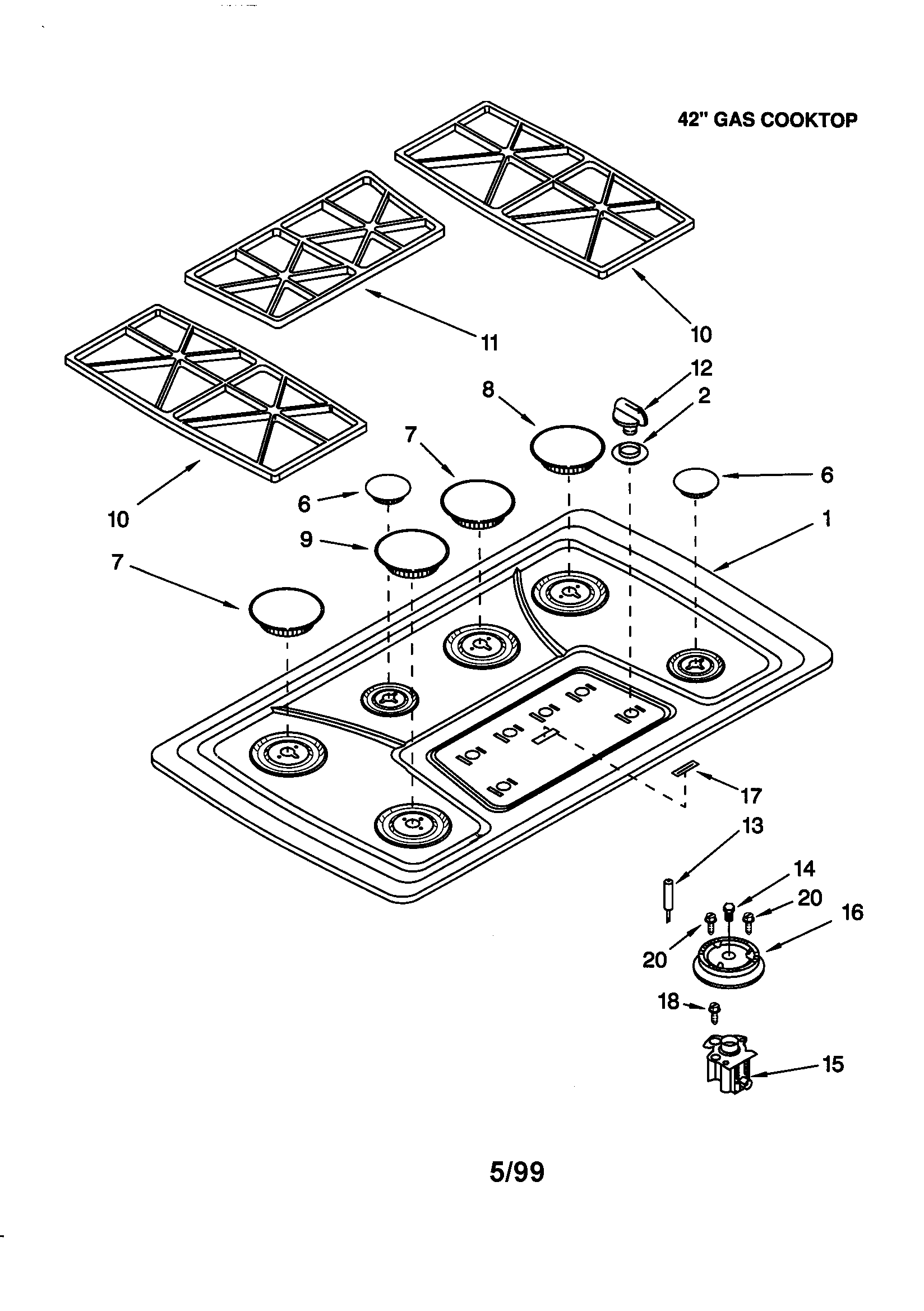 KitchenAid KGCS127GSS0 cooktop, burner and grate diagram