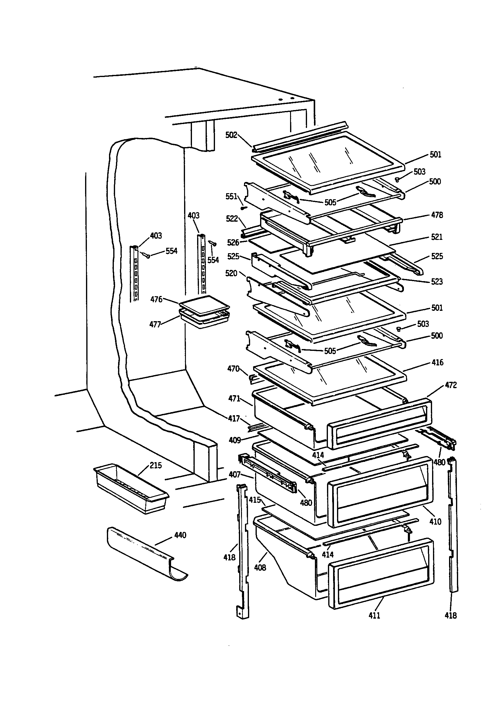 GE TPH21PRSBBB refrigerator shelves diagram