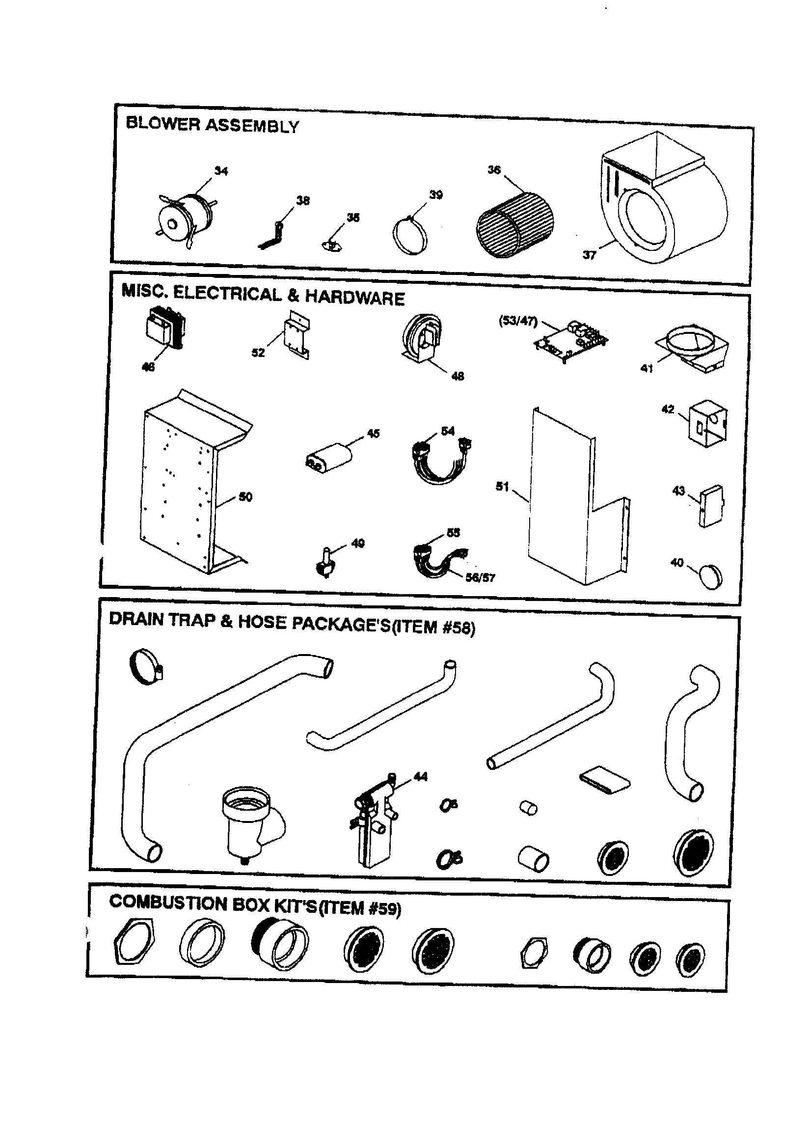 Goodman GMPV075-1.5/3 blower assy./misc. electrical/hardware/drain trap/hose packages diagram