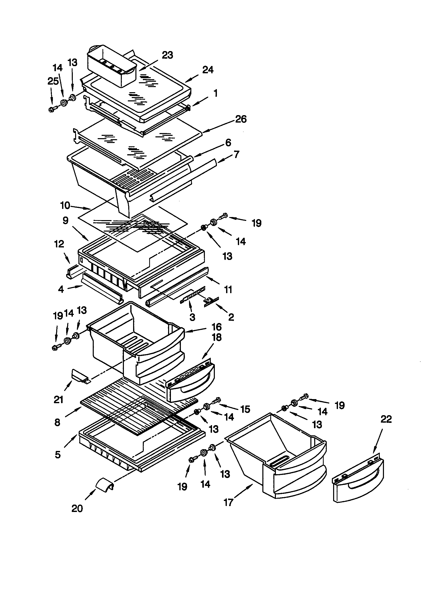 KitchenAid KSRE25FHBT00 refrigerator shelf diagram