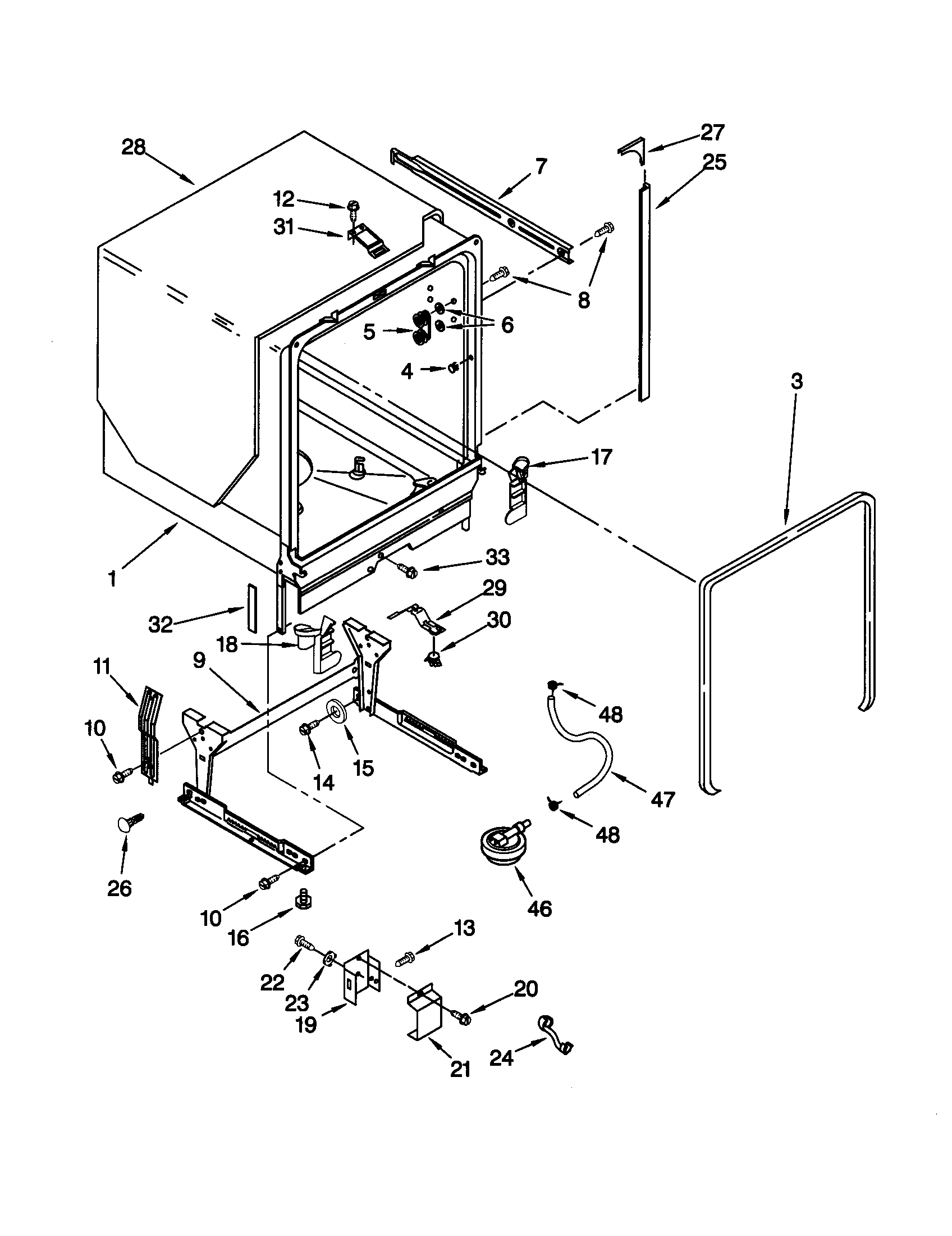KitchenAid KUDS25SHWH0 tub and frame diagram