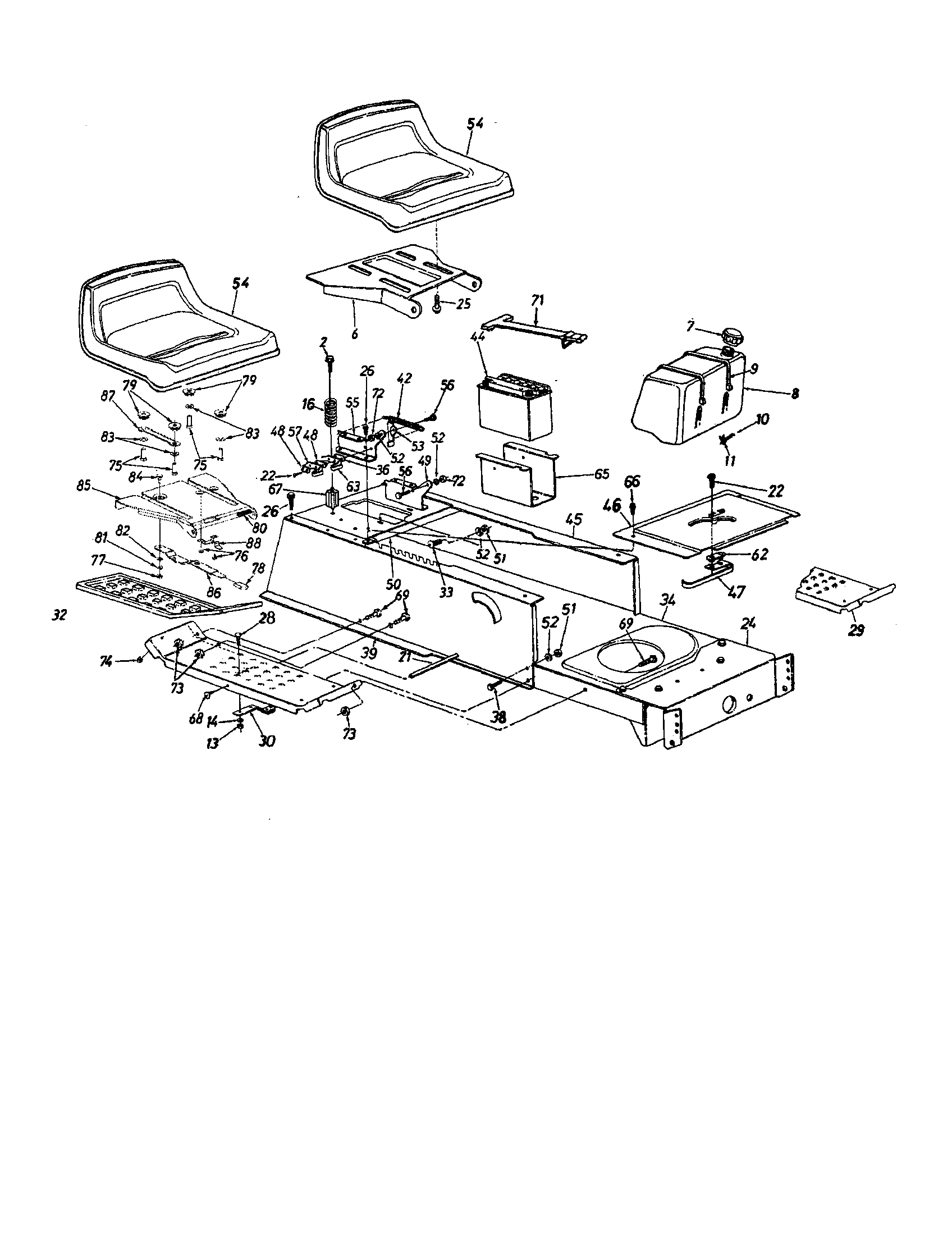 MTD 13AH665F020 frame/seat/fuel tank diagram