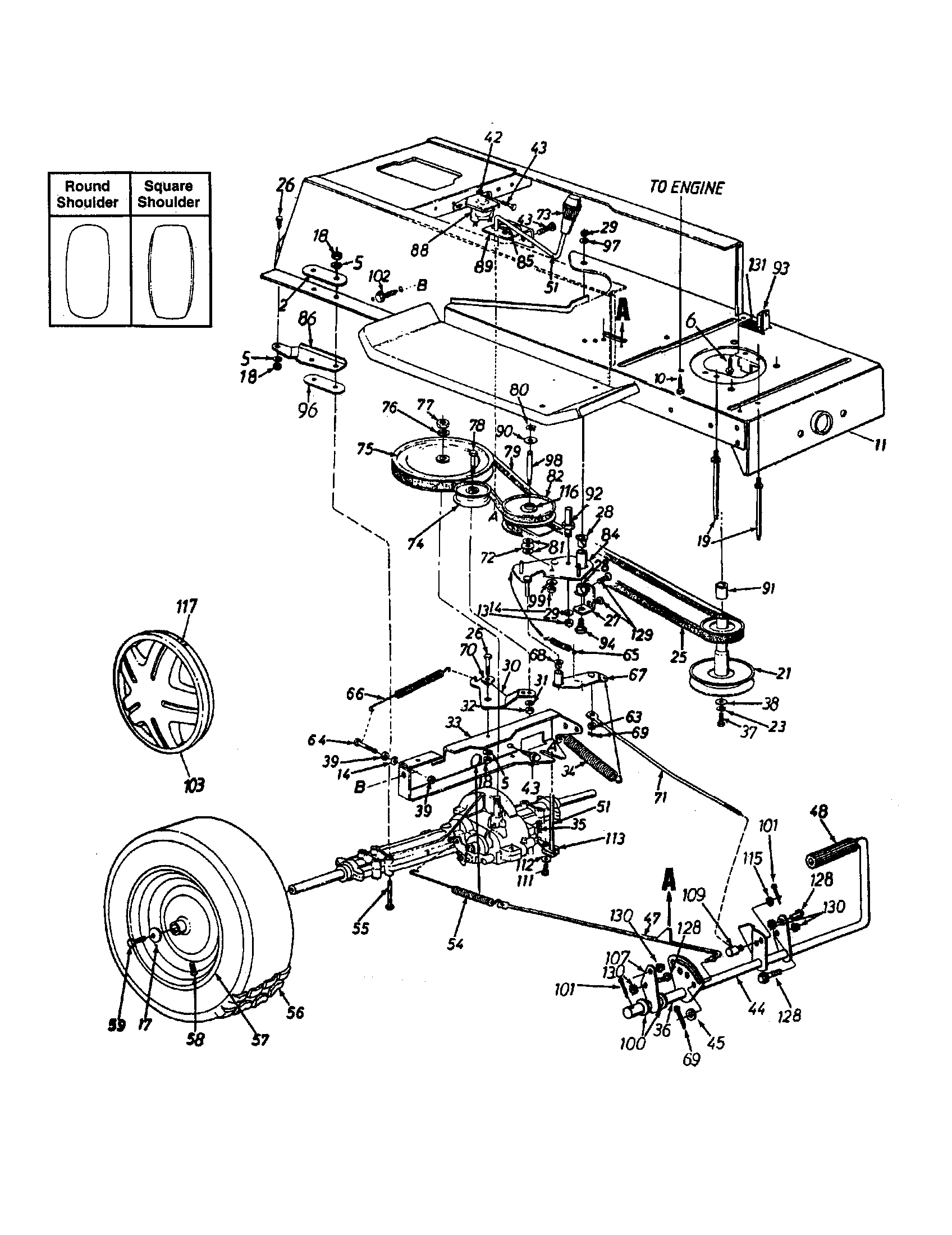 MTD 13AH665F020 wheel, rear/pedal/drive/lower frame diagram