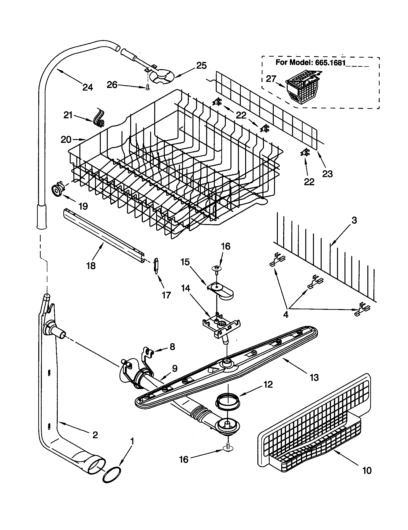 Kenmore 66517813990 upper dishrack and water feed diagram