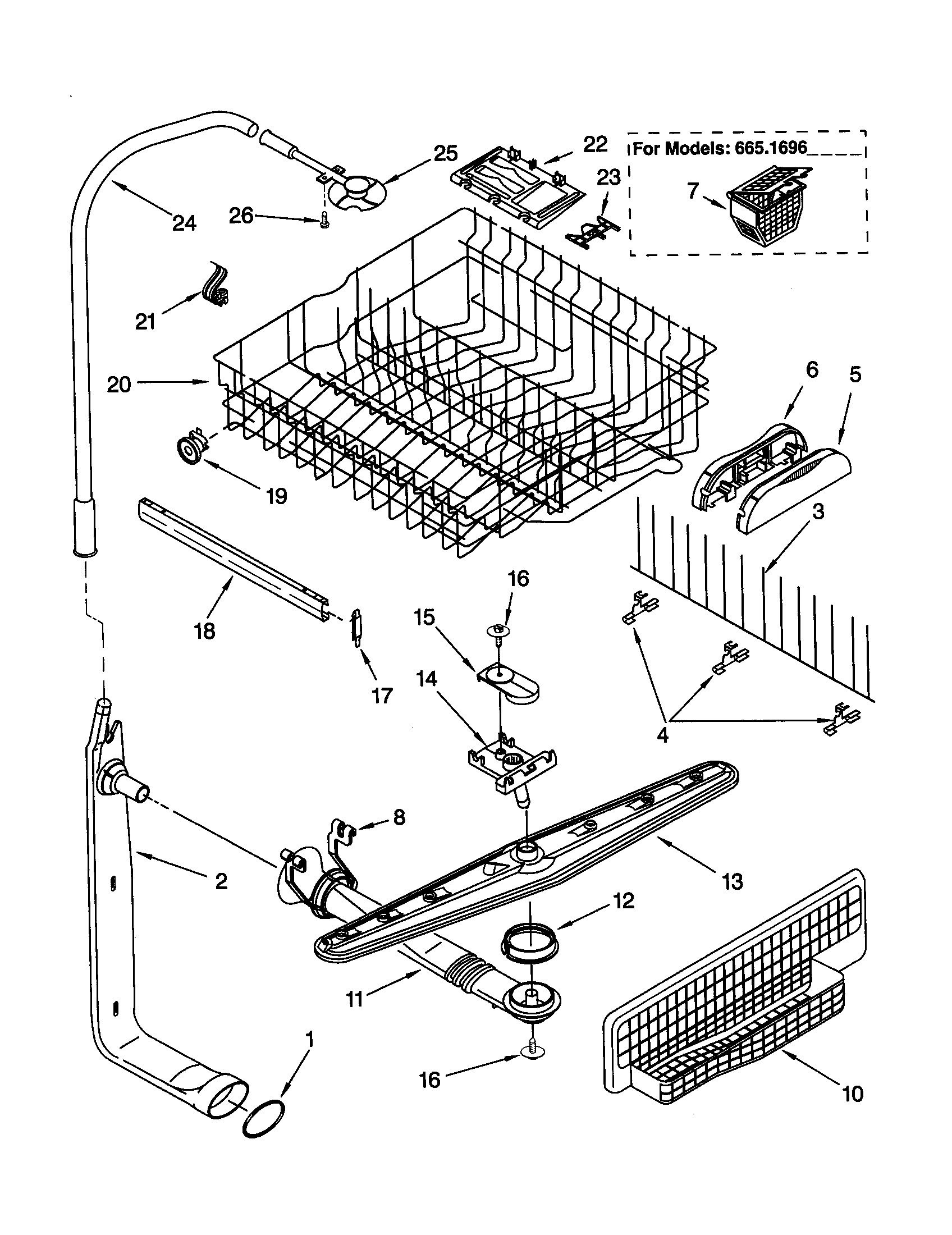 Kenmore 66516962990 upper dishrack and water feed diagram