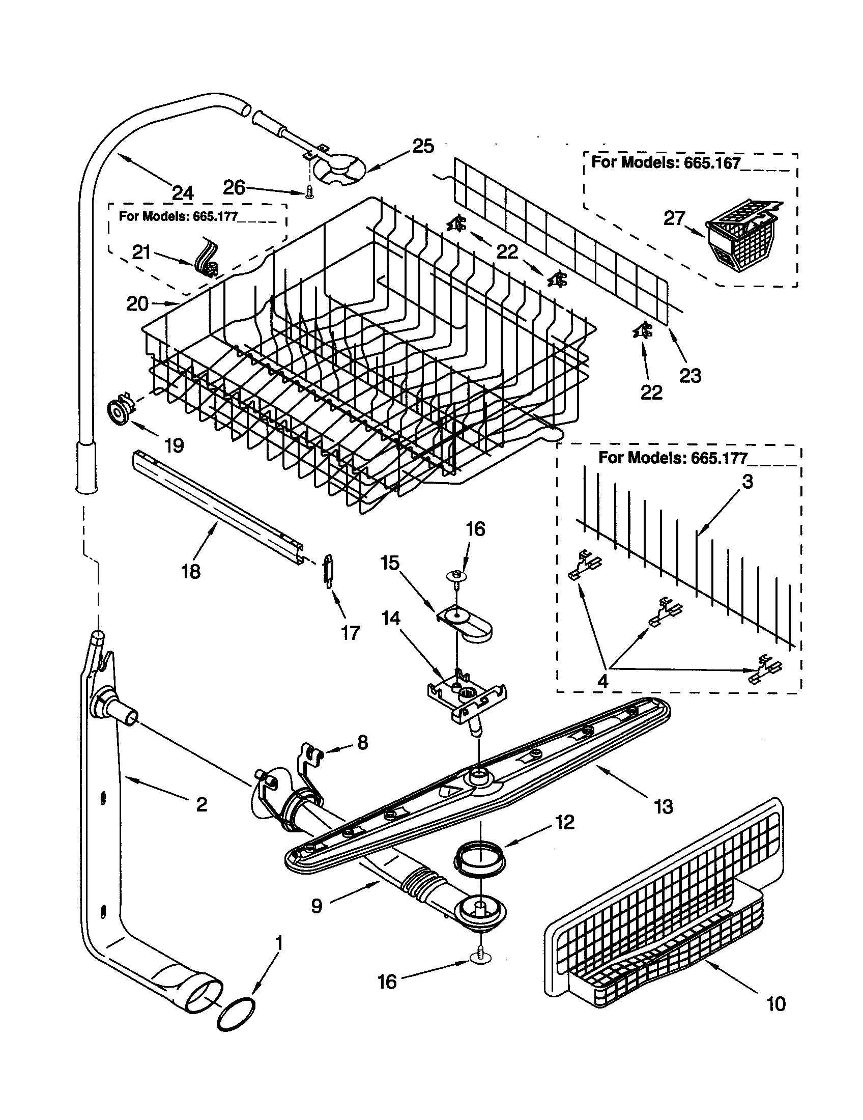 Kenmore 66515777990 upper dishrack and water feed diagram