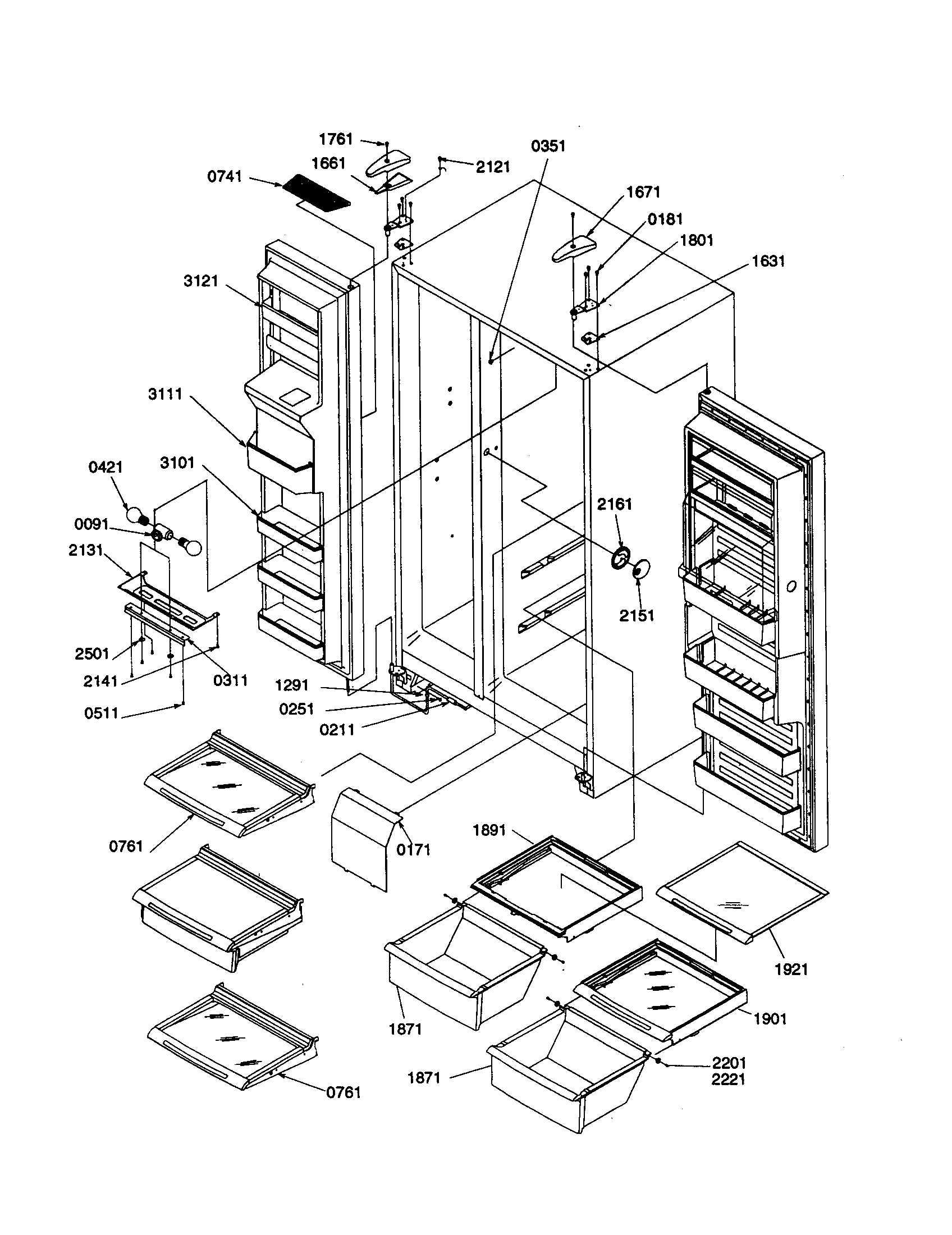 Amana SSD25TW-P1190316WW ref/frz shelves, lights, and hinges diagram