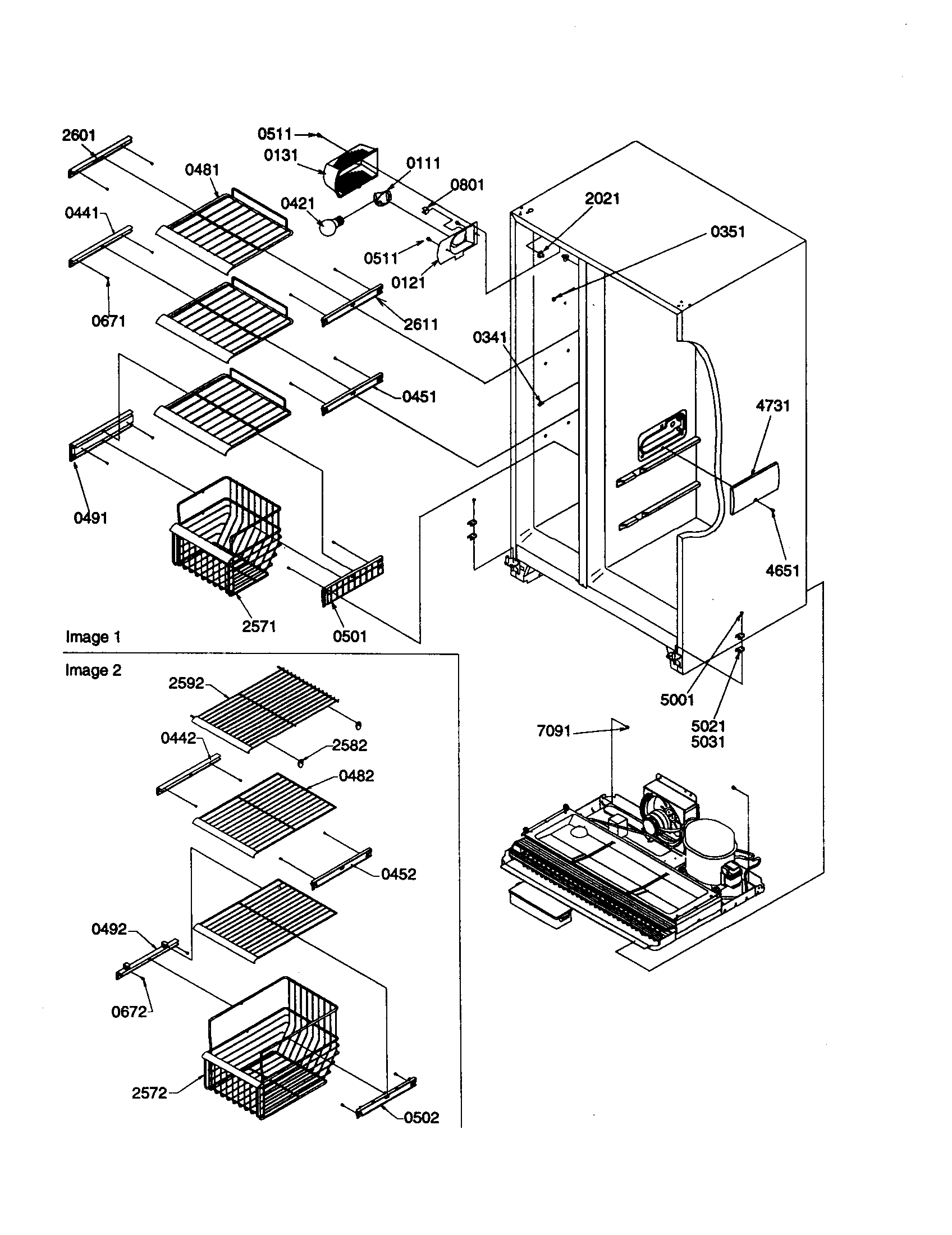 Amana SSD25TW-P1190316WW freezer shelves and lights diagram