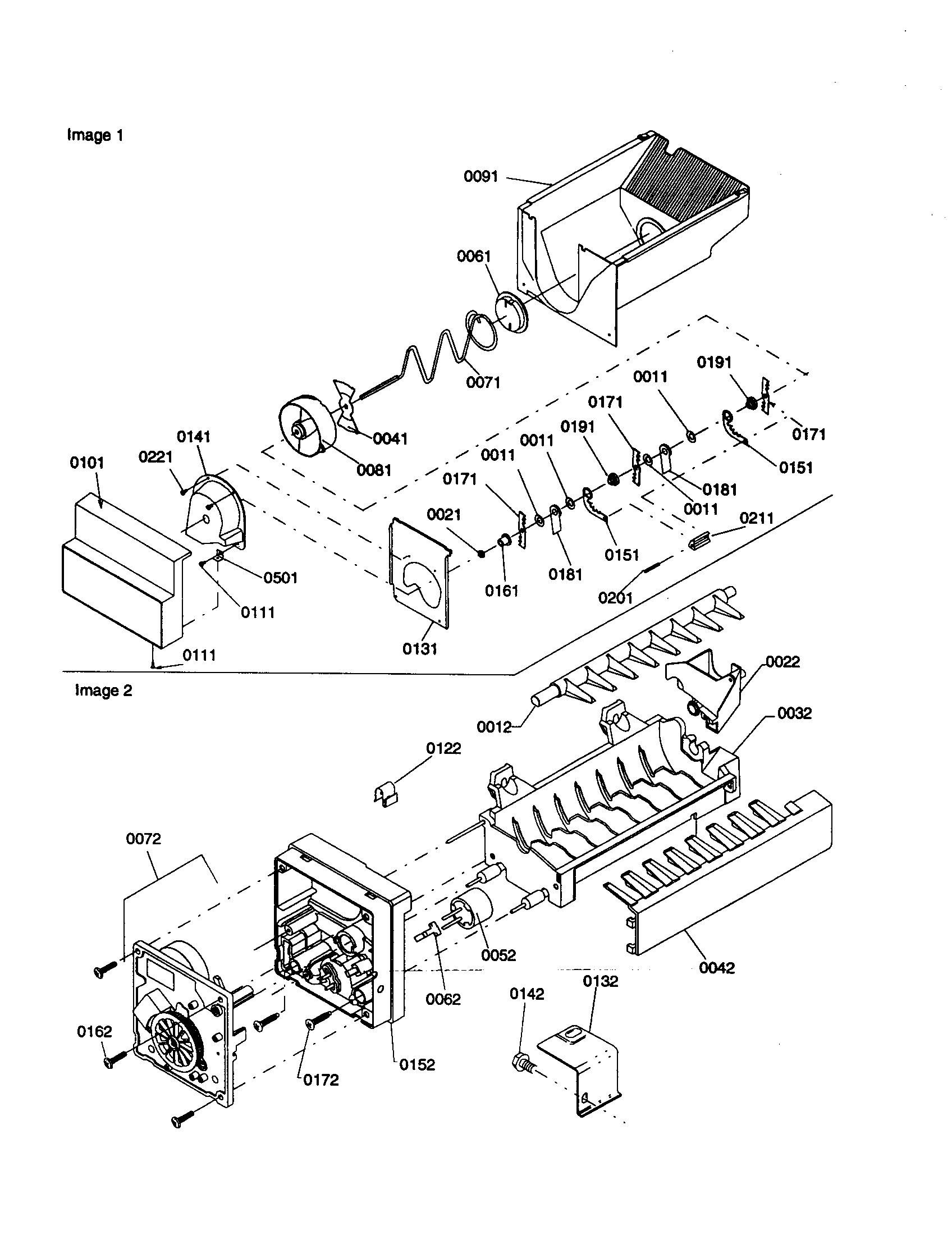 Amana SSD25TW-P1190316WW ice bucket auger and ice maker diagram