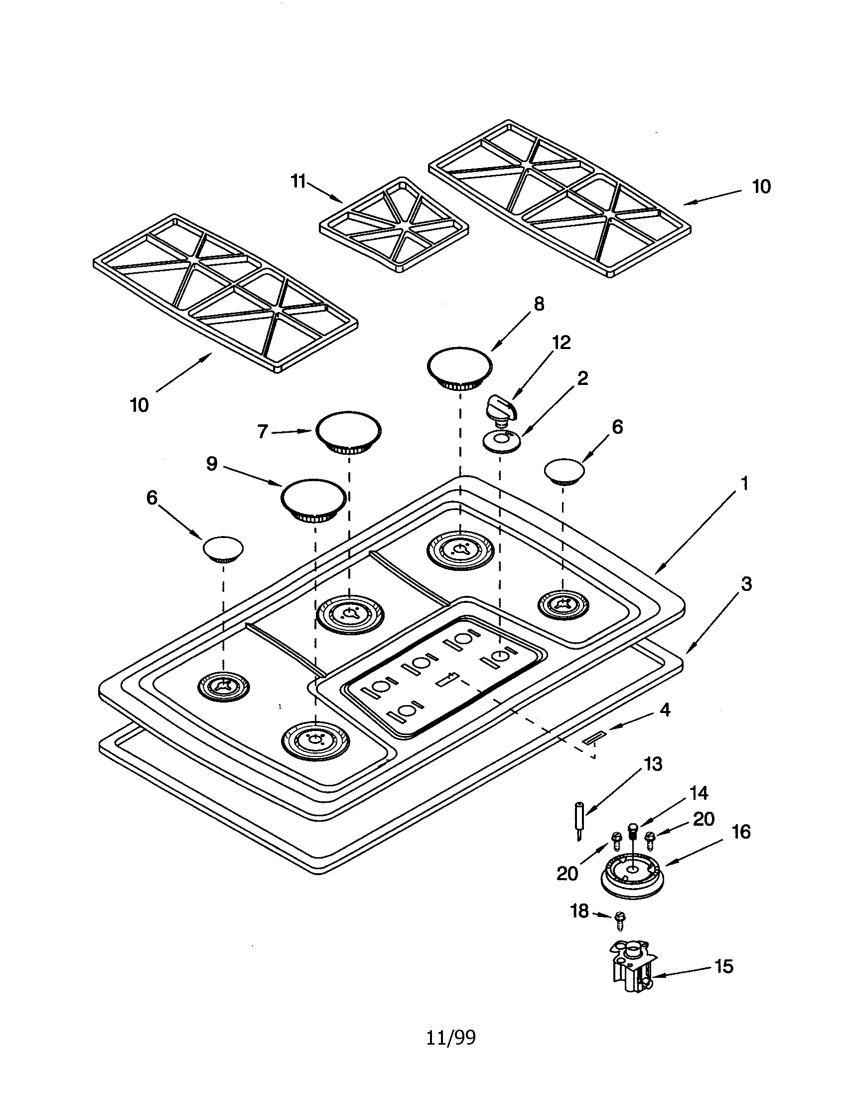 KitchenAid KGCS166GSS0 cooktop/burner/grate diagram