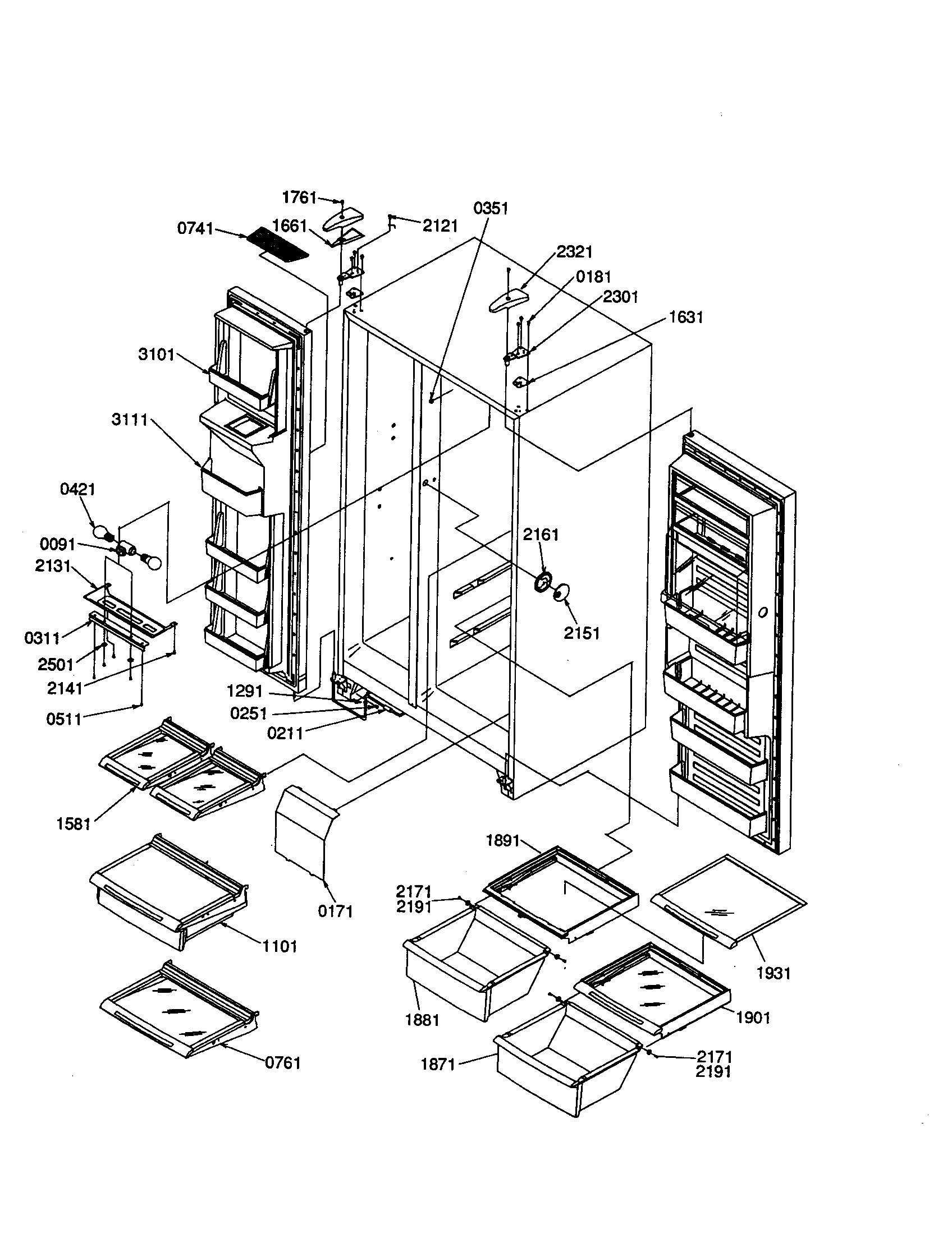 Amana SRD20S4W-P1190810WW refrig/frz. lights and hinges diagram