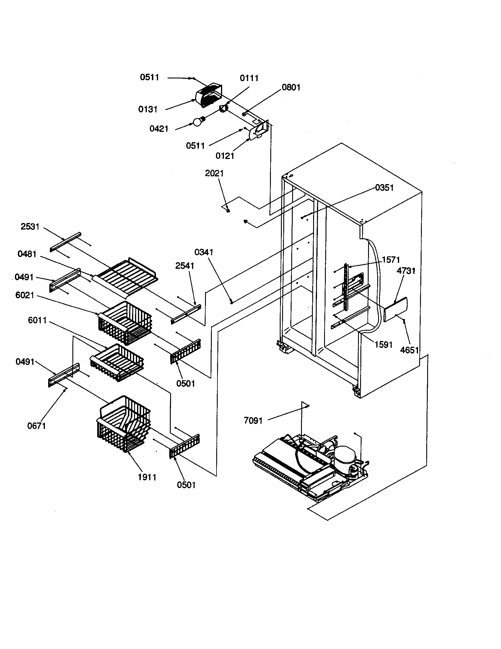 Amana SRD20S4W-P1190810WW freezer shelves and lights diagram