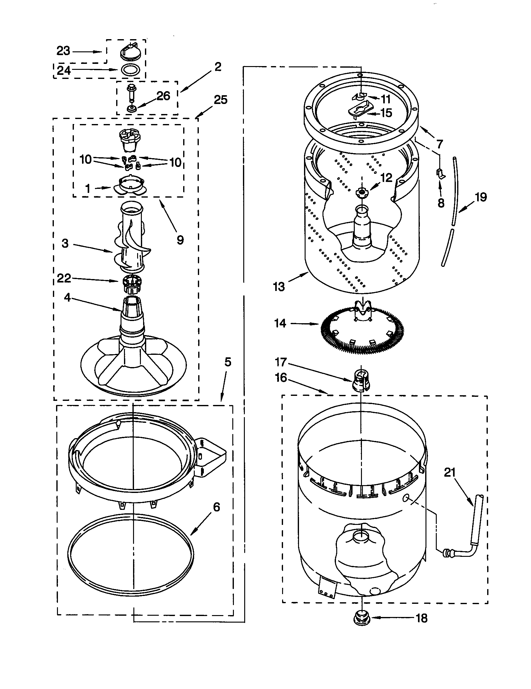 Whirlpool LXR9245EZ2 agitator, basket and tub diagram
