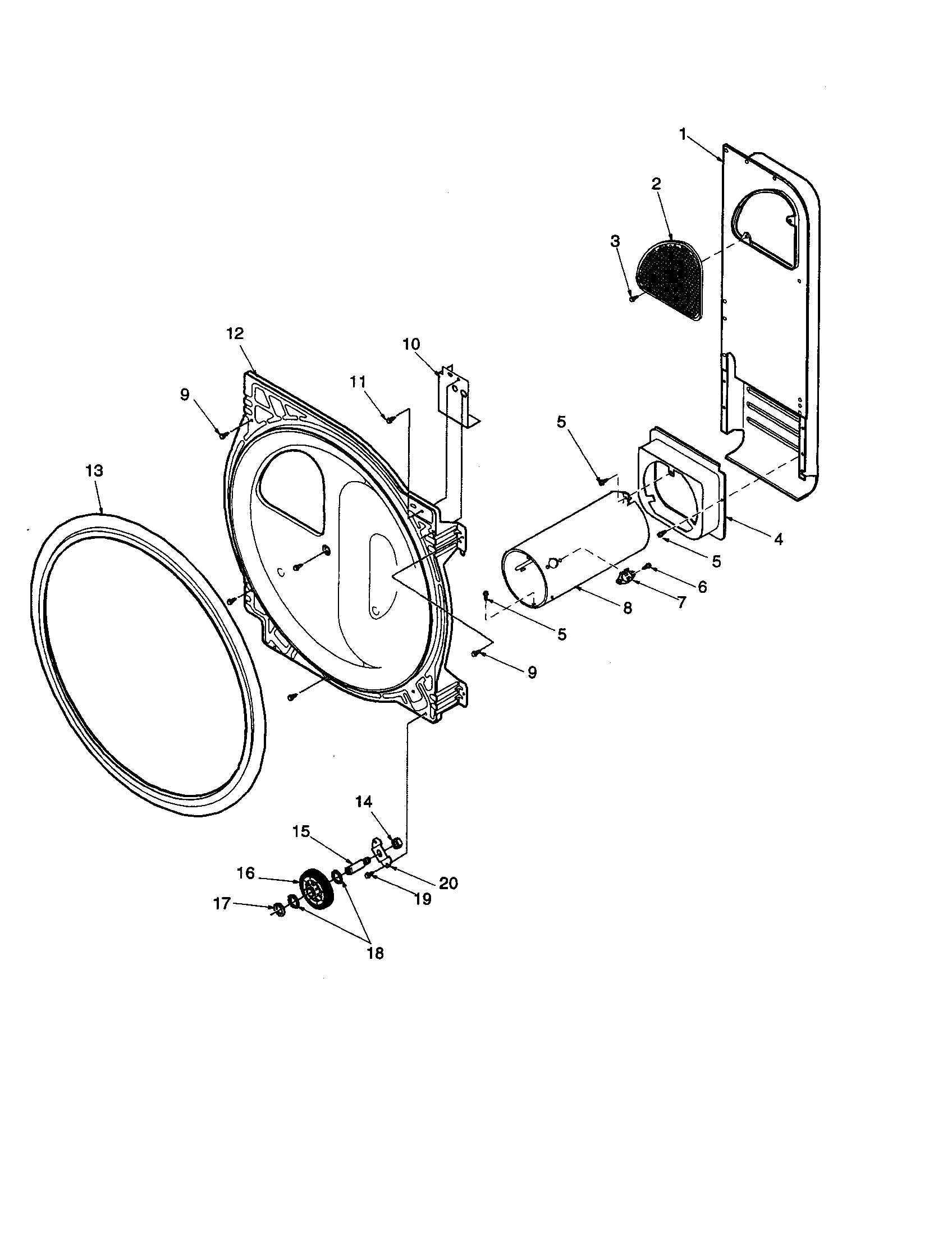 Amana LGD32AW-PLGD32AW rear bulkhead/rollers/air duct diagram