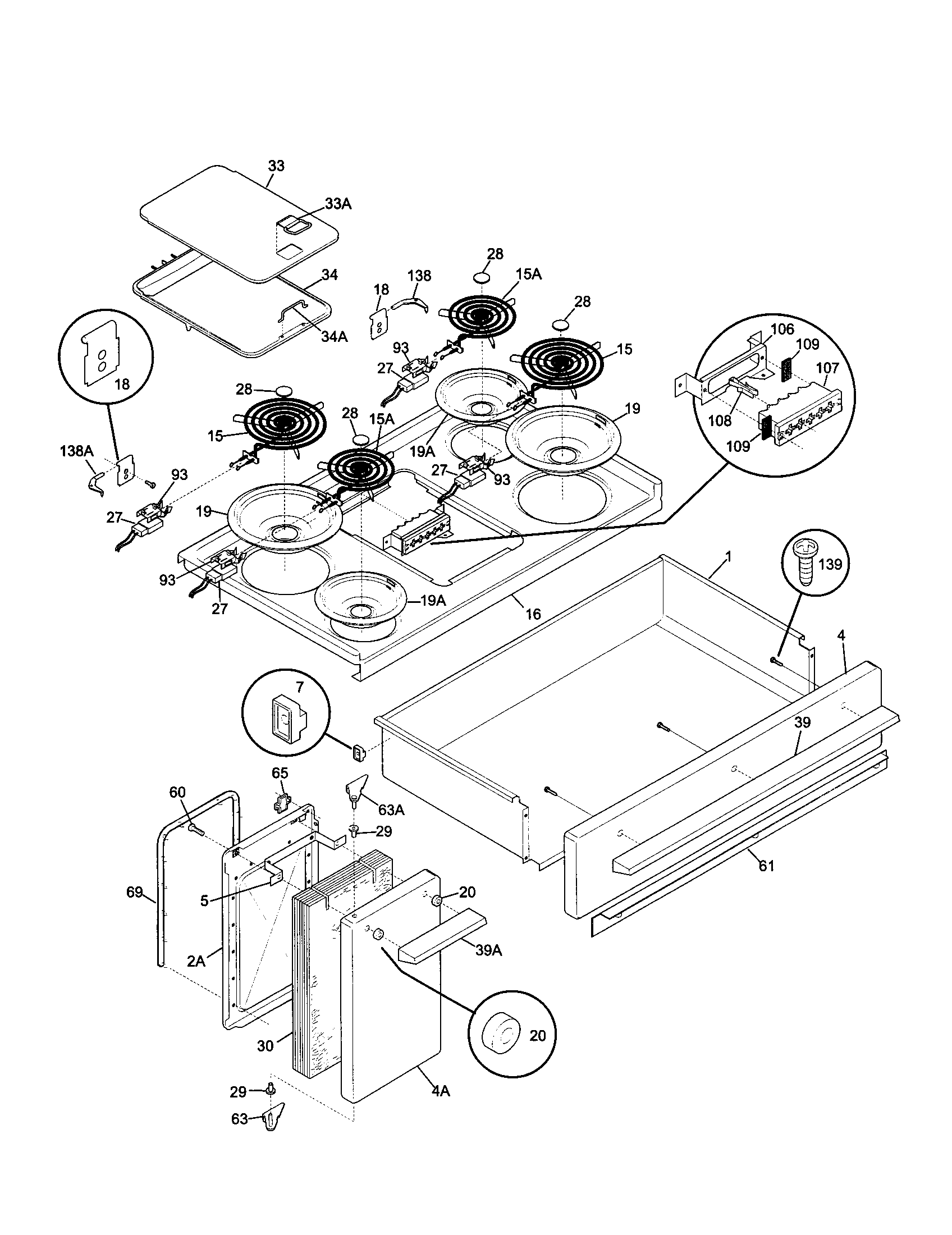 Frigidaire FEF455WFBC top/drawer diagram