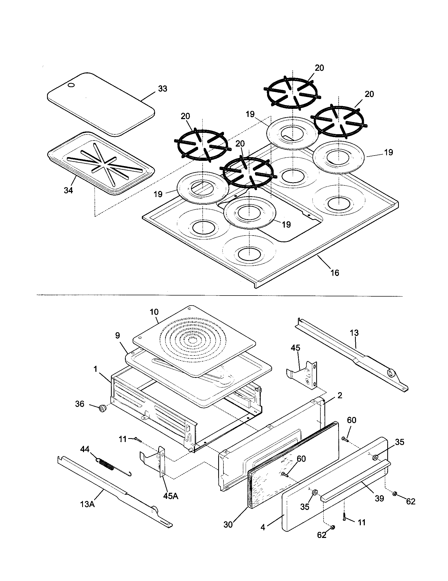 Tappan TGF605WFD4 top/drawer diagram
