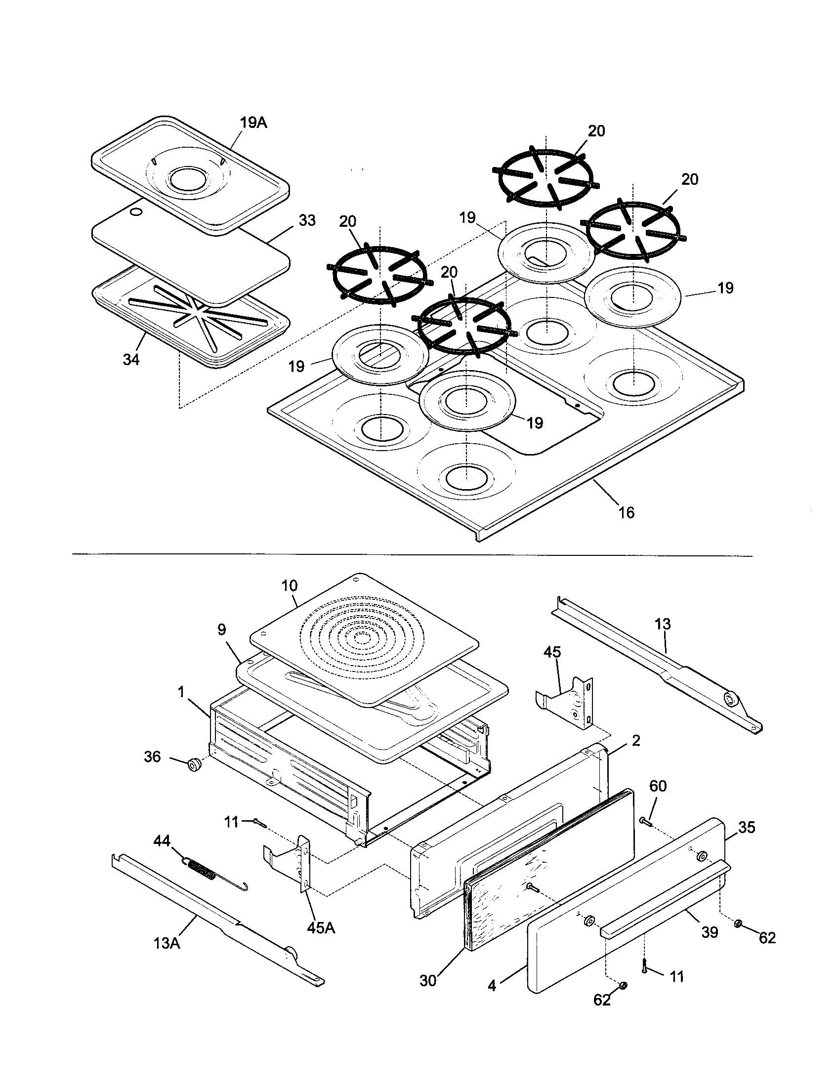 Tappan TGF645WFW5 top/drawer diagram