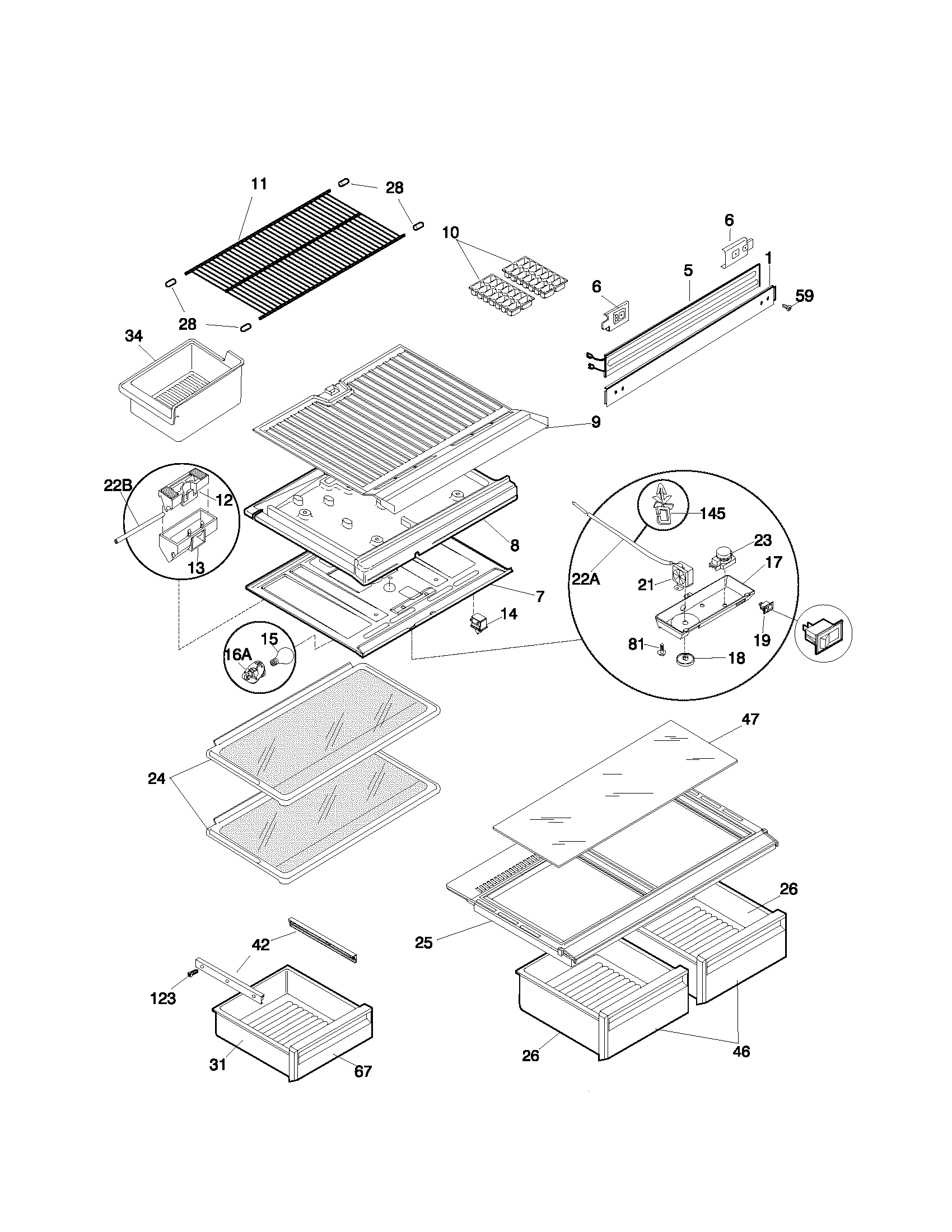 Universal/Multiflex (Frigidaire) MRT18SJHD1 shelves diagram