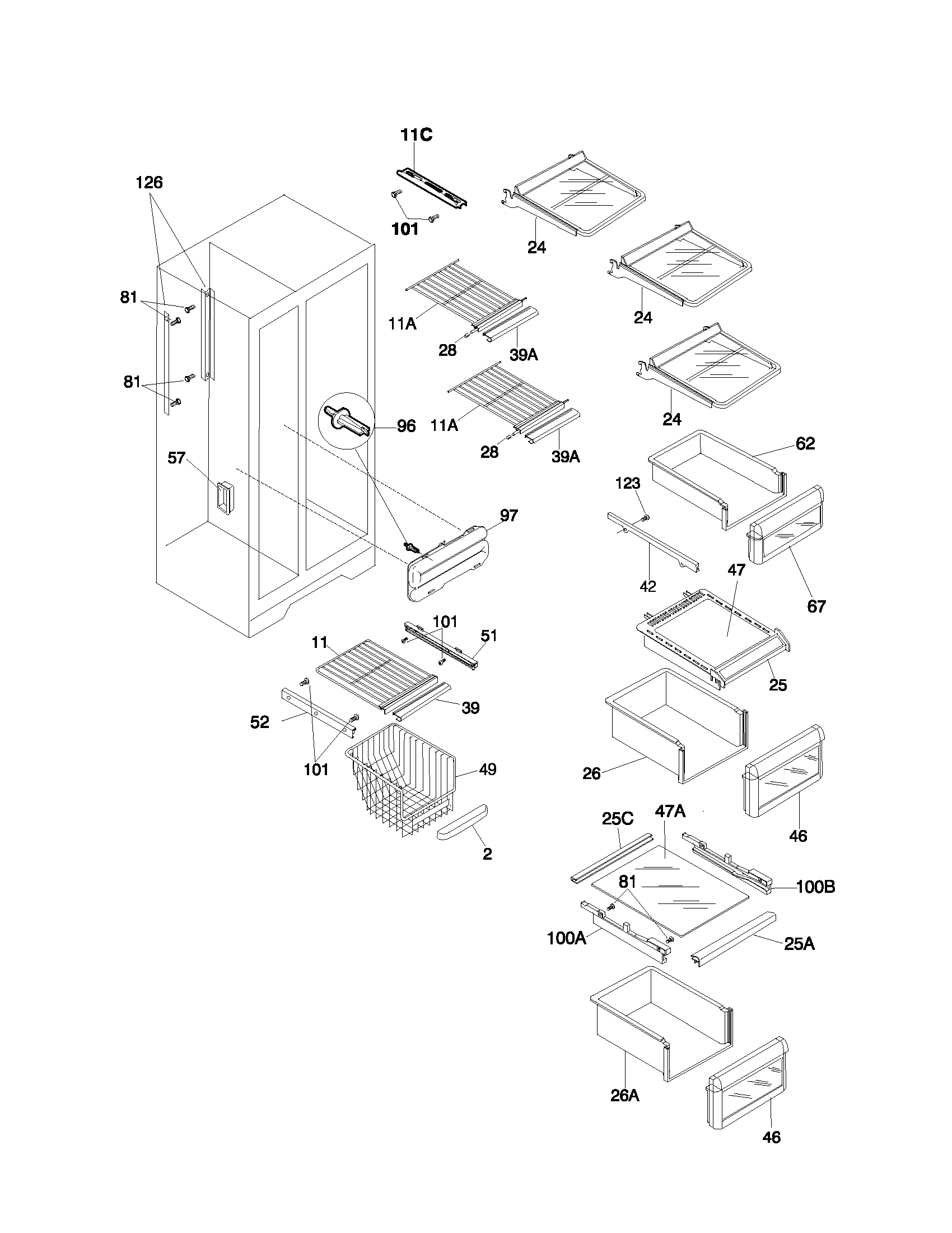 Frigidaire FRS23ZTJW2 shelves diagram