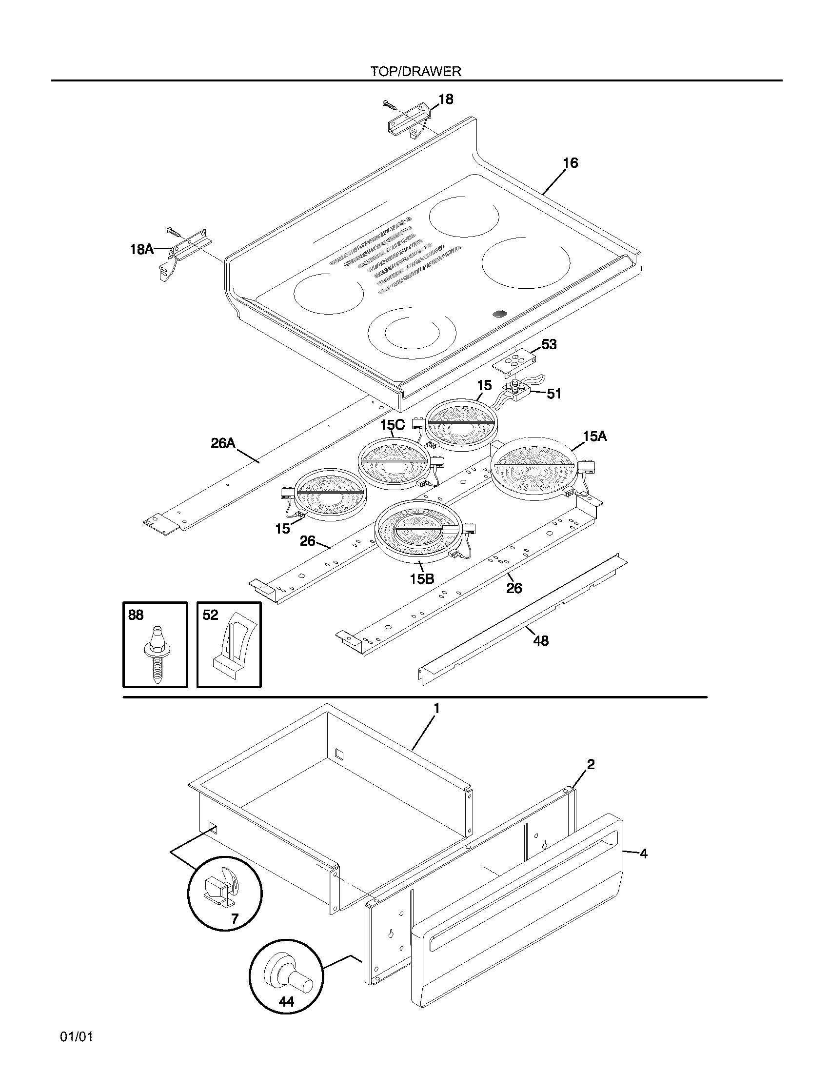 Frigidaire FEF369CGSE top/drawer diagram