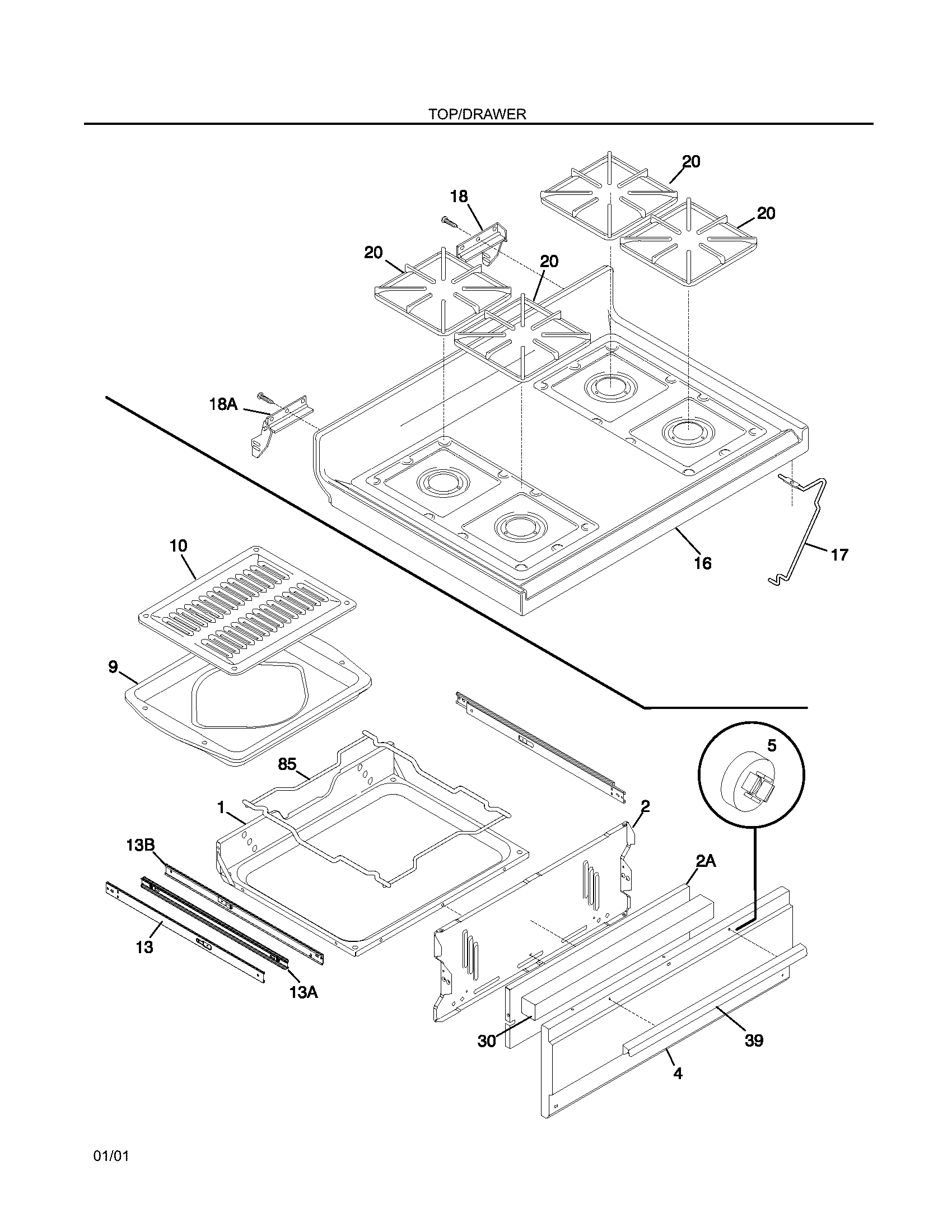 Frigidaire FGF324WHSC top/drawer diagram