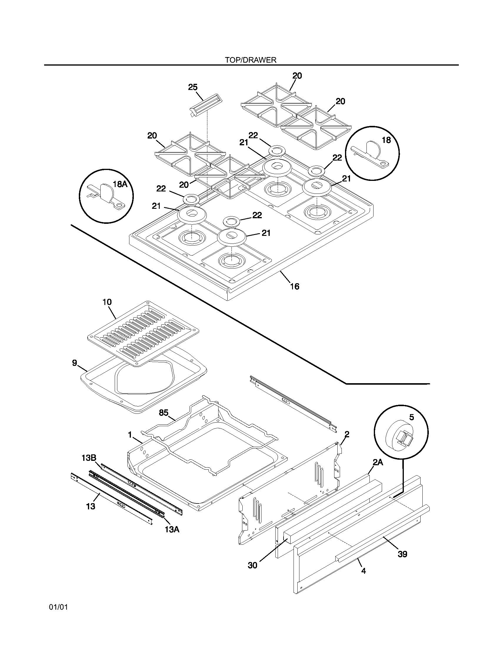 Frigidaire FGF326WGTH top/drawer diagram