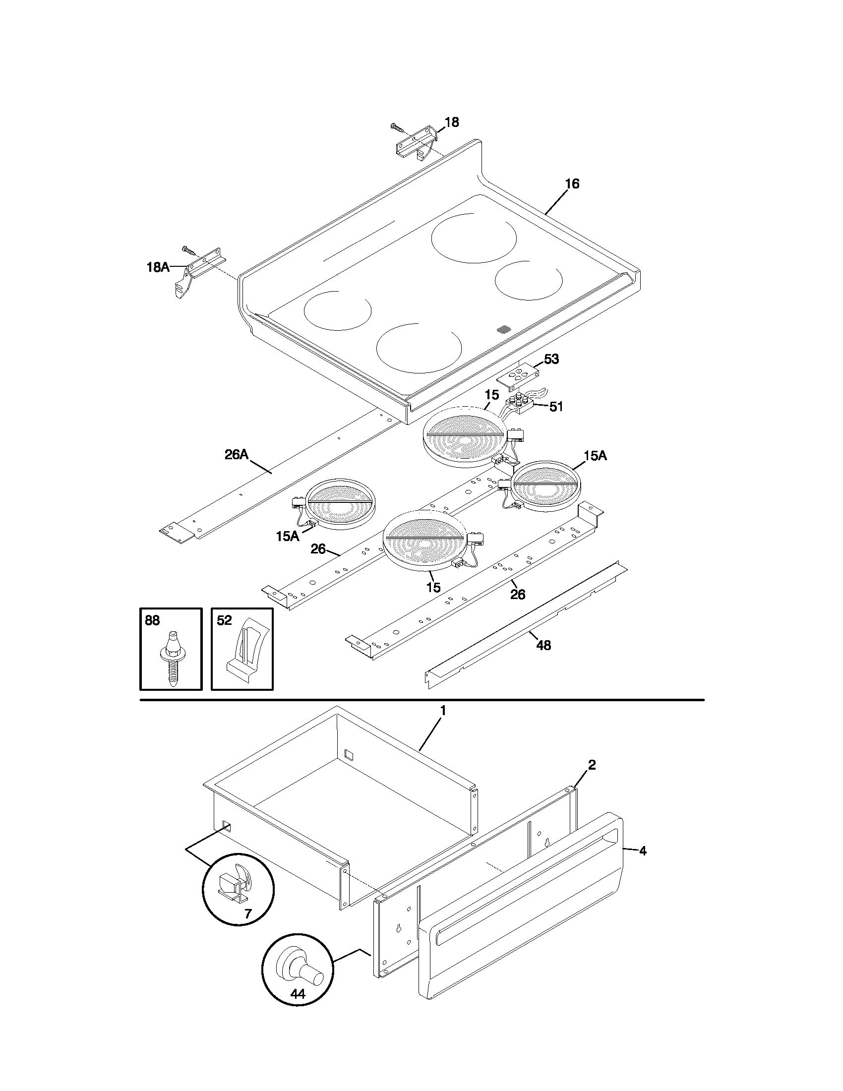 Frigidaire FEF367CGTE top/drawer diagram
