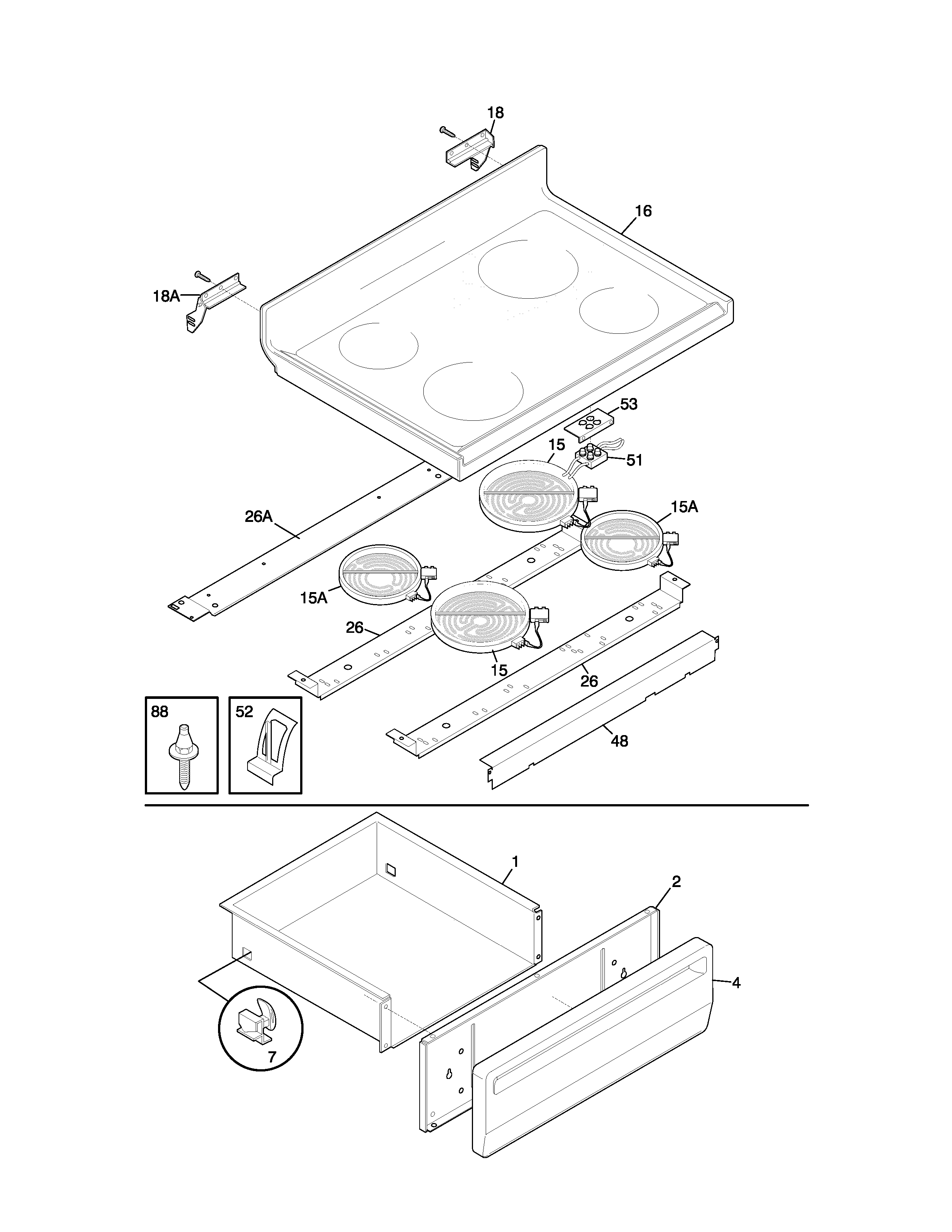 Frigidaire FEF366CJSA top/drawer diagram