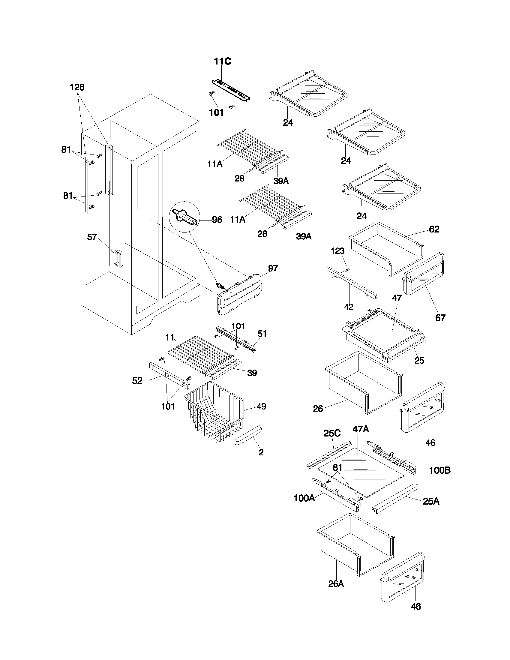 Frigidaire GLRSF266JW2 shelves diagram