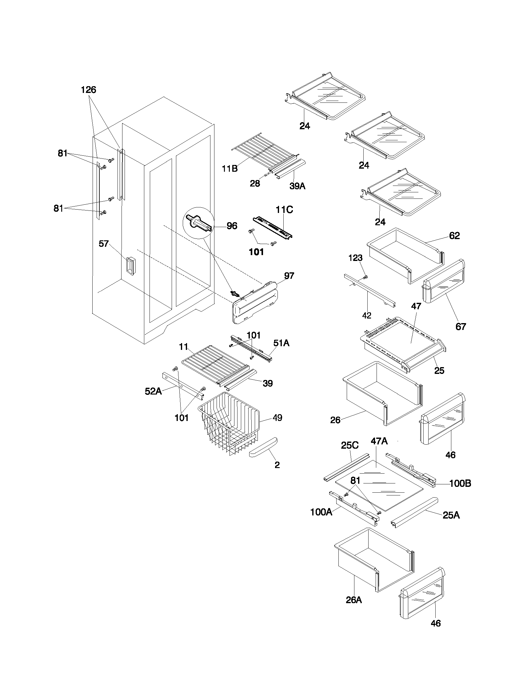 White-Westinghouse WRS26MZRHD1 shelves diagram