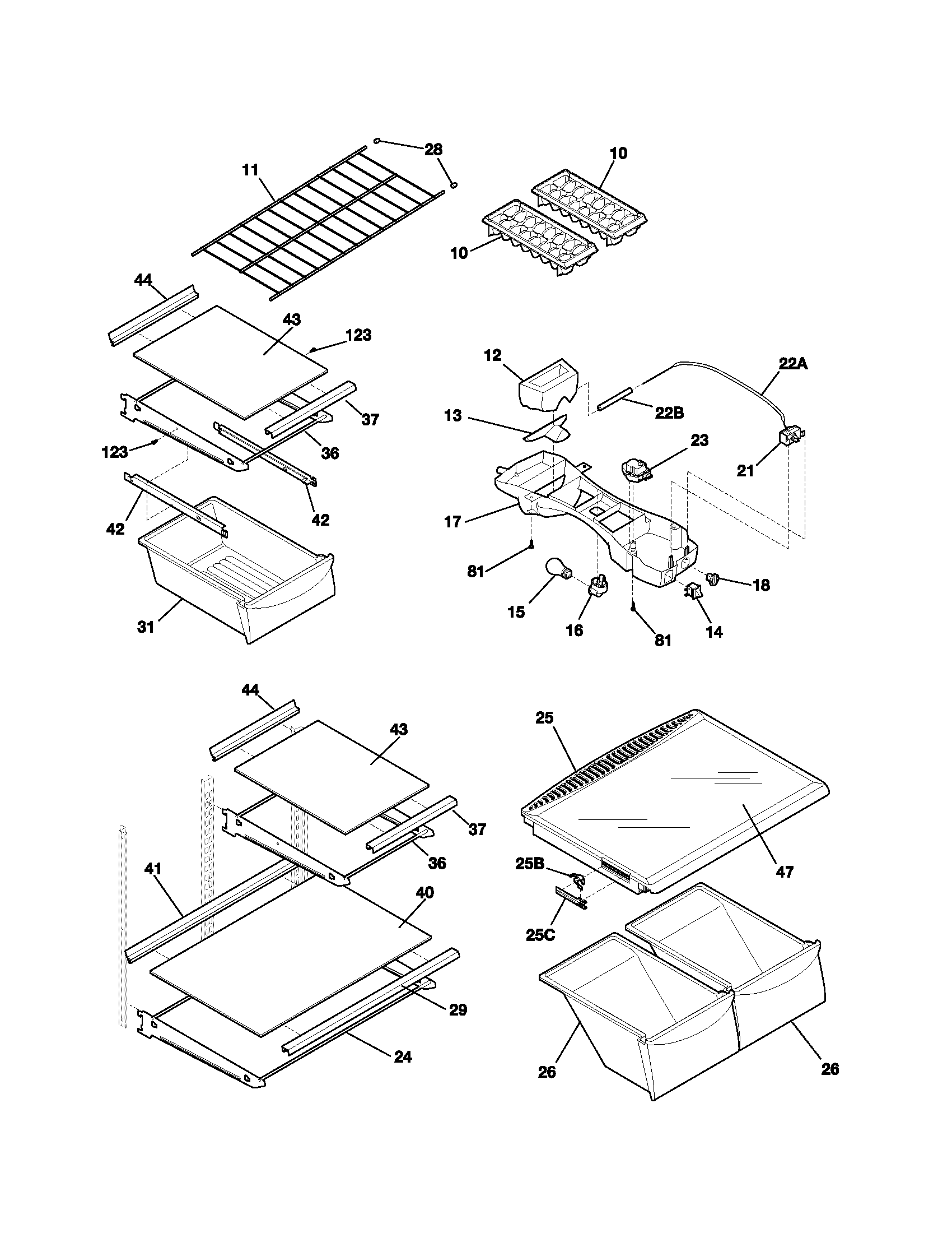 Frigidaire FRT18P5AW0 shelves diagram