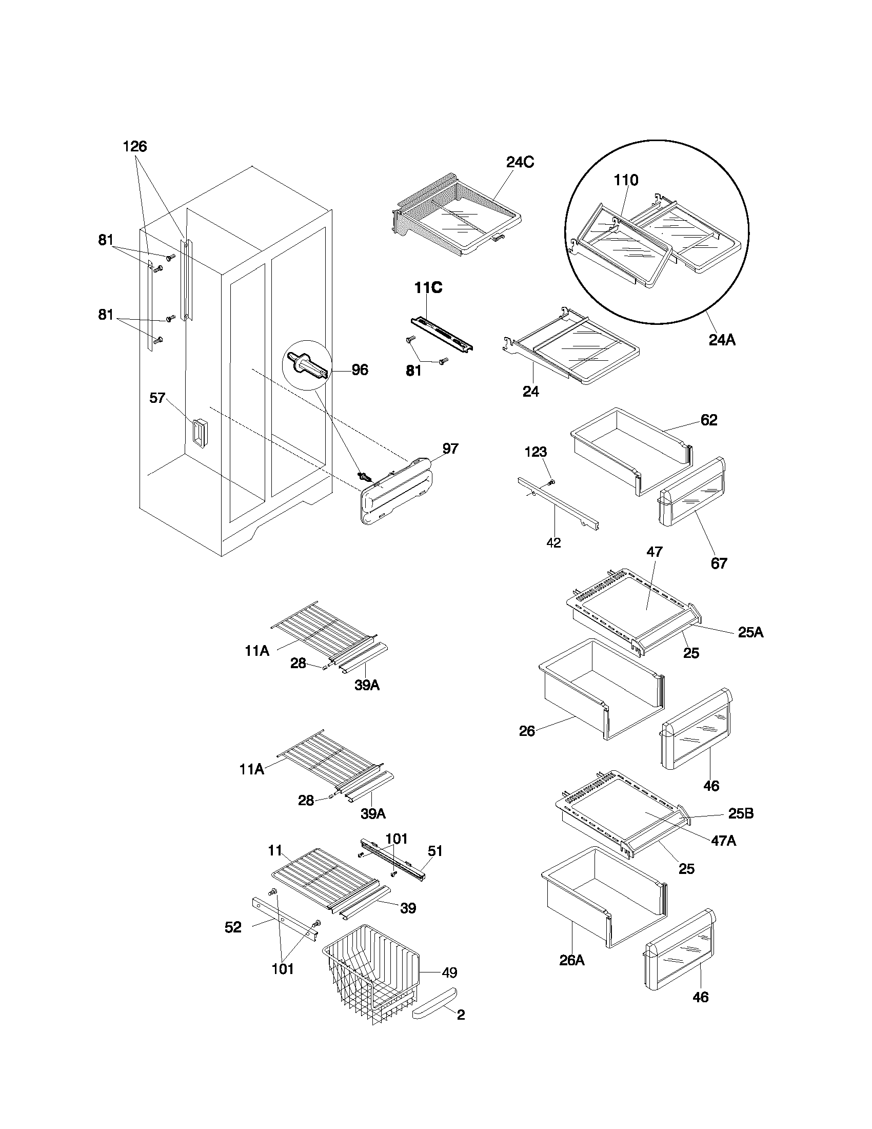 Universal/Multiflex (Frigidaire) MRS26LGJW3 shelves diagram