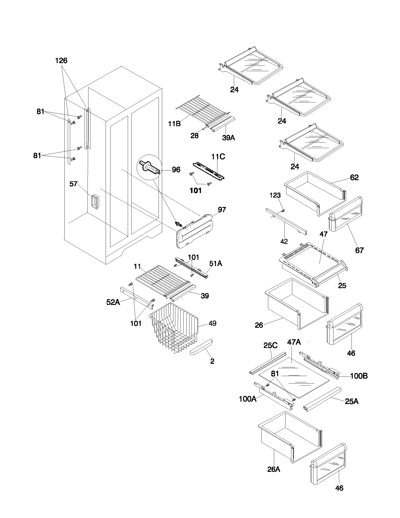 Frigidaire FRS24ZRGD1 shelves diagram