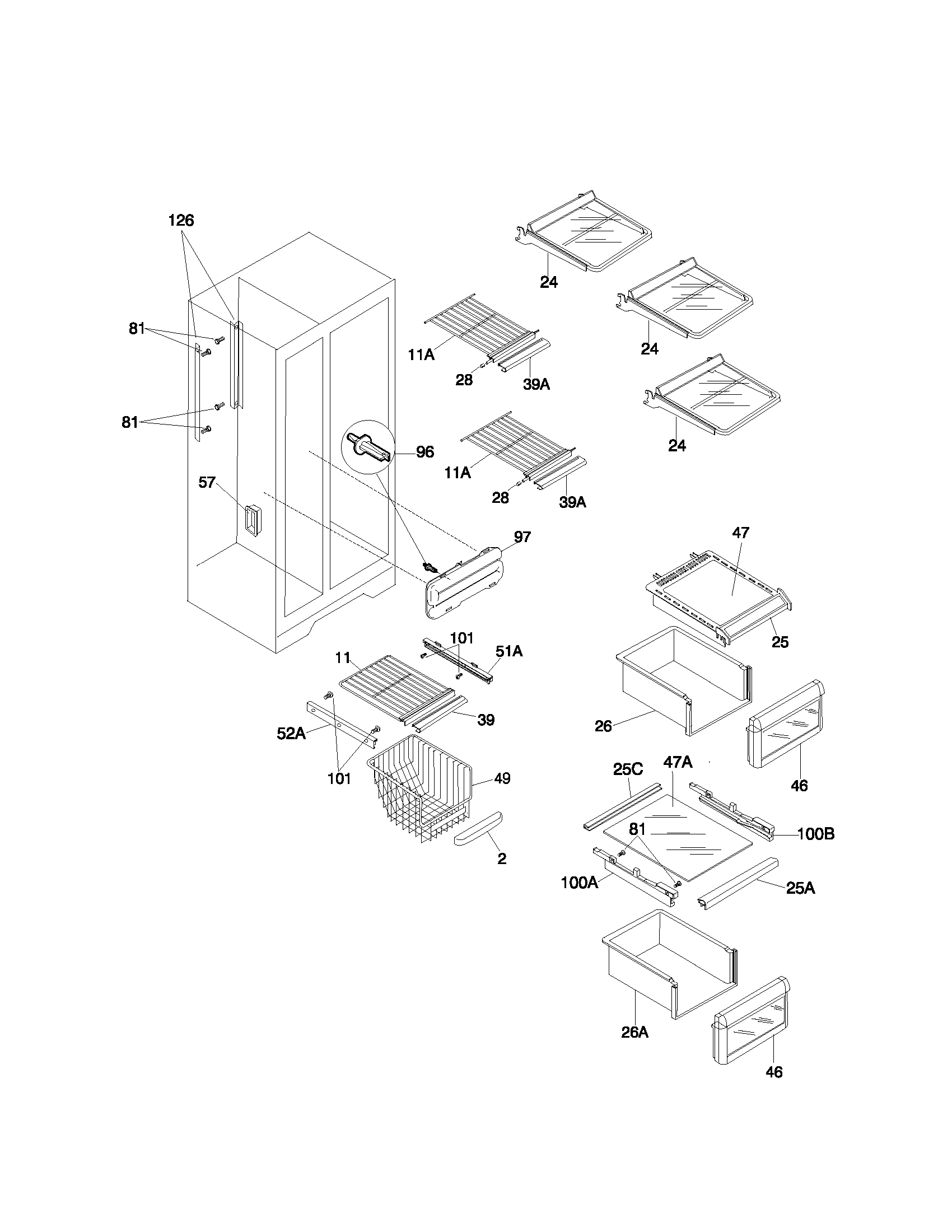 Frigidaire FRS24ZRHB5 shelves diagram