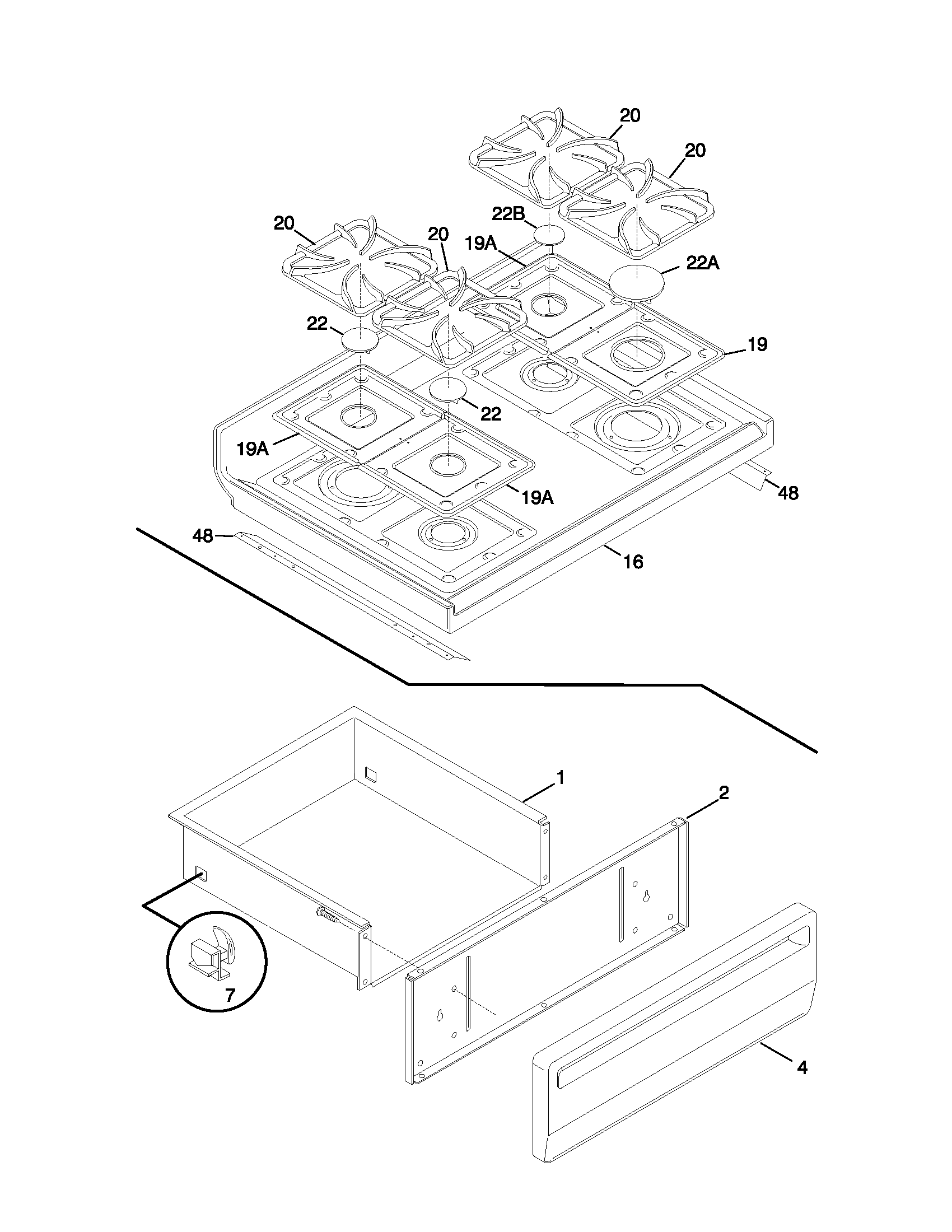 Frigidaire FGF376CJTB top/drawer diagram