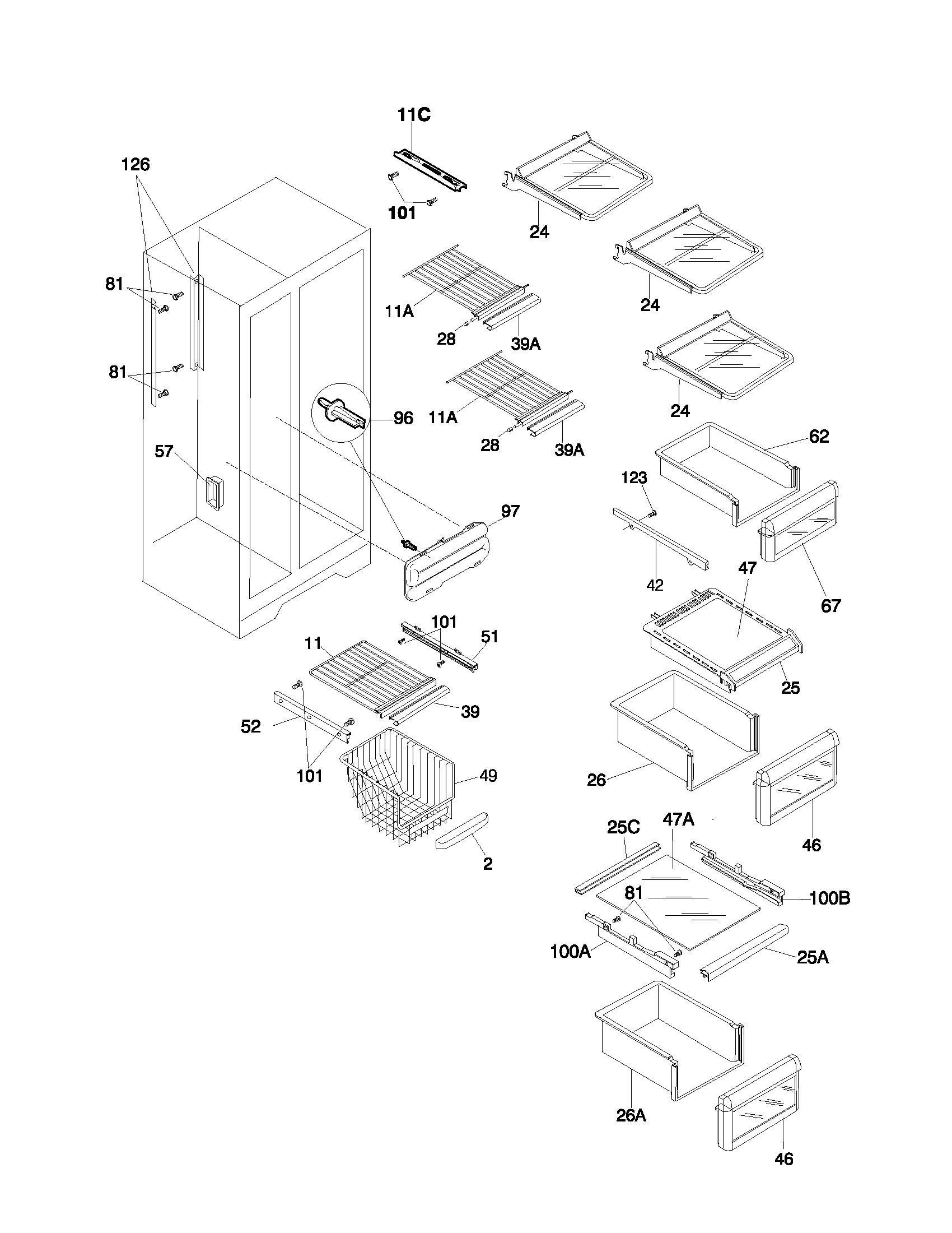 Frigidaire FRS26ZNHB2 shelves diagram
