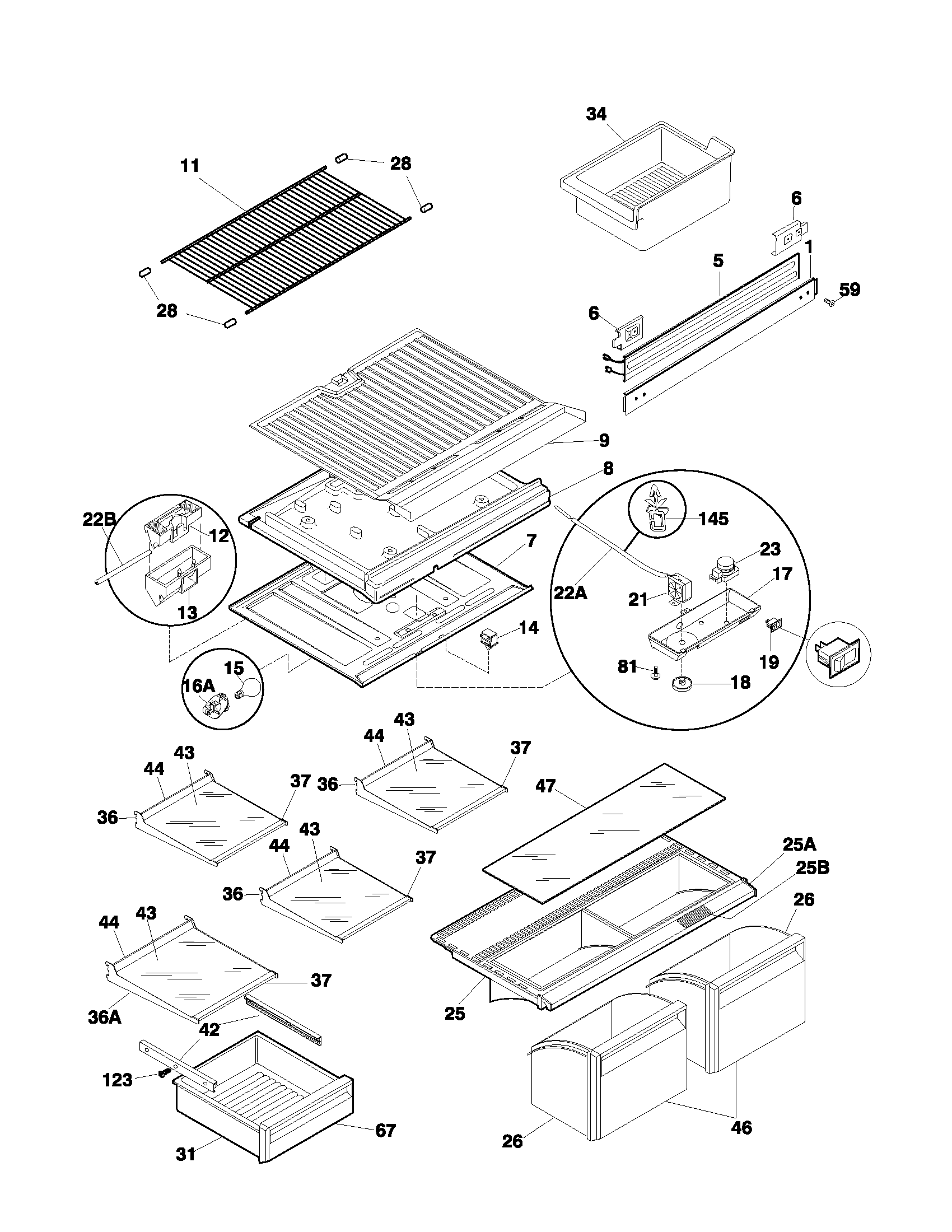 Frigidaire FRT21IQRJZ1 shelves diagram