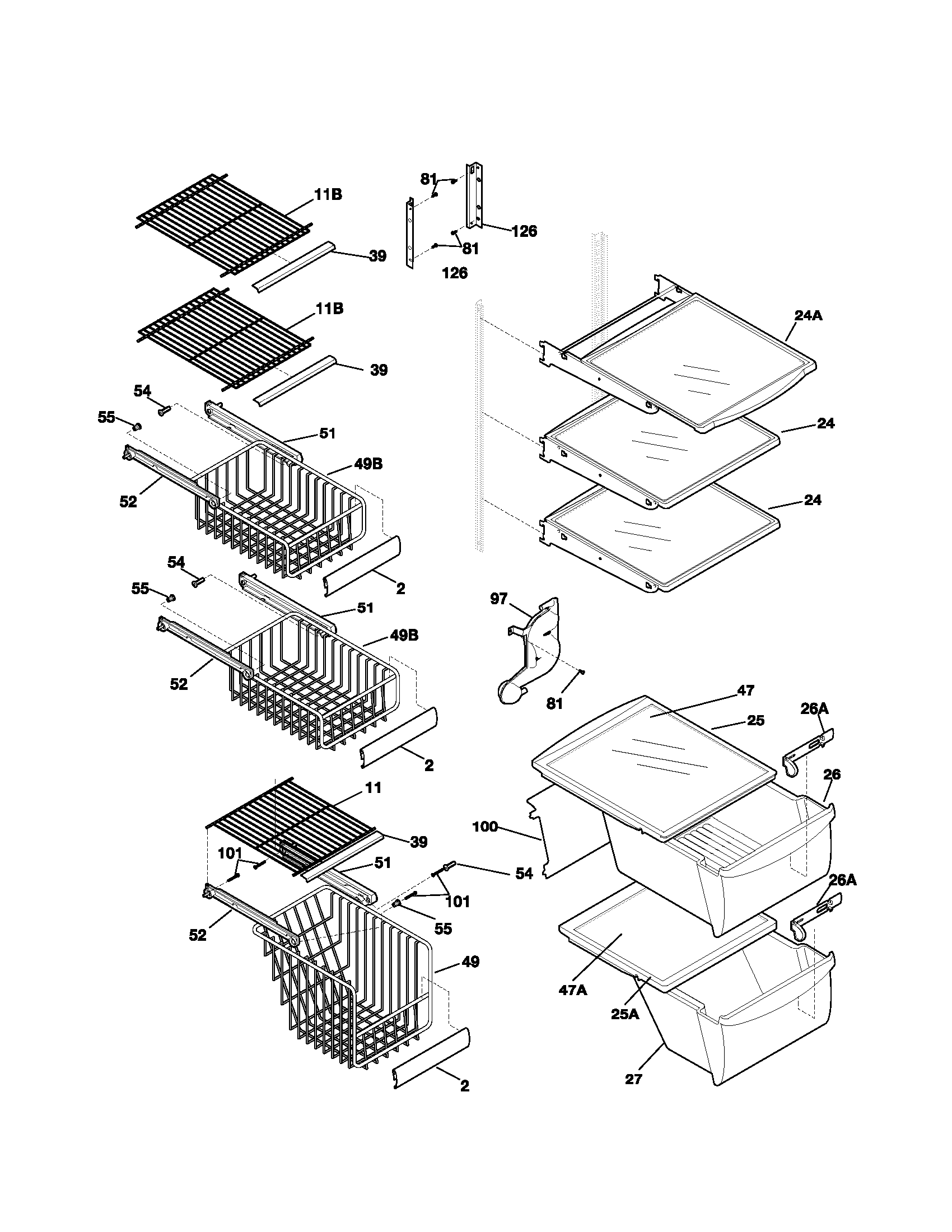 Frigidaire FRS23X5AW0 shelves diagram